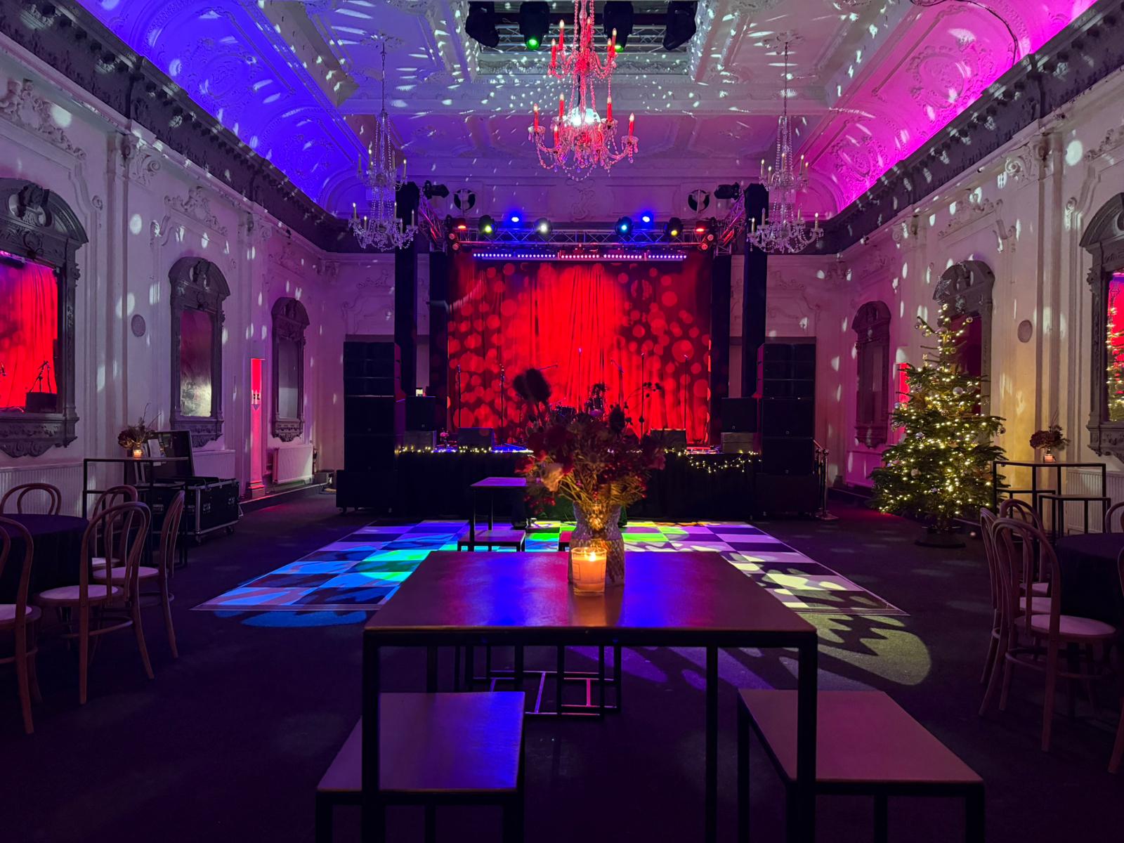 Whole Venue in Bush Hall: festive event space with vibrant lighting for holiday celebrations.
