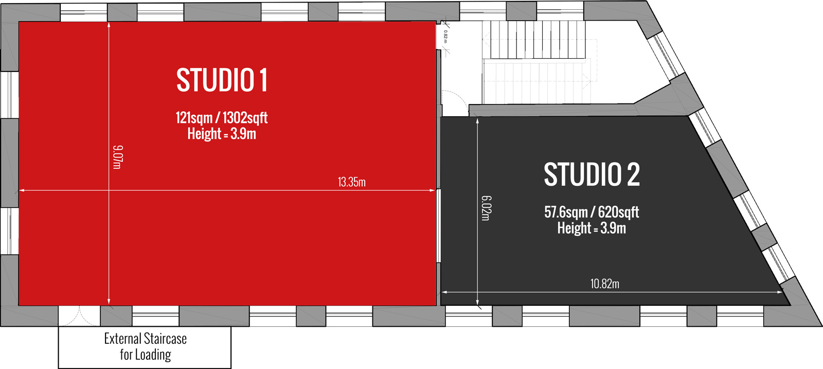 Event space floor plan of Studio 1, 1215 sqft, ideal for workshops and presentations.