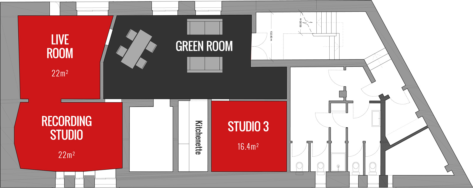 Writing room layout at Price Studios Ltd for events and meetings, featuring a Green Room.