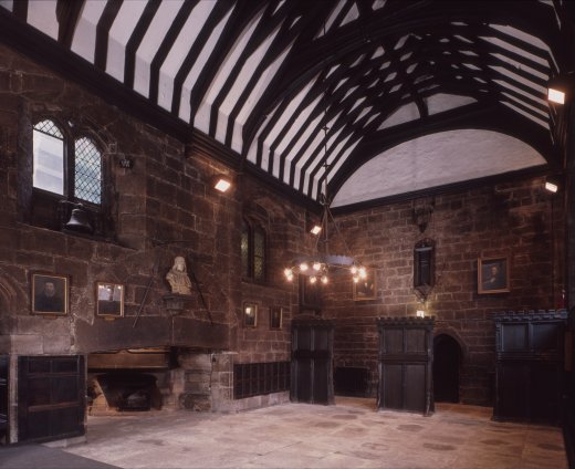 Baronial Hall in Chetham's Library: historic venue with beamed ceilings for events.