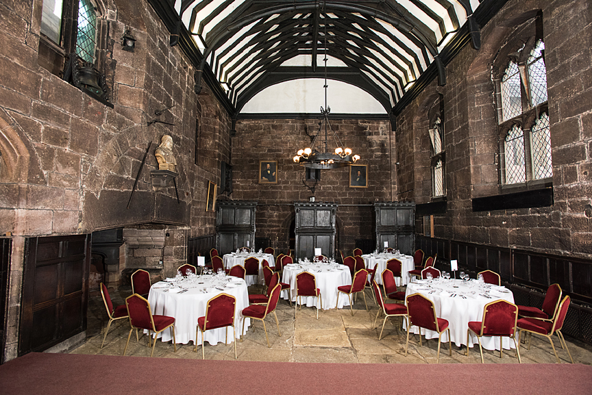 Baronial Hall in Chetham's Library, elegant banquet venue with historic ambiance for weddings.