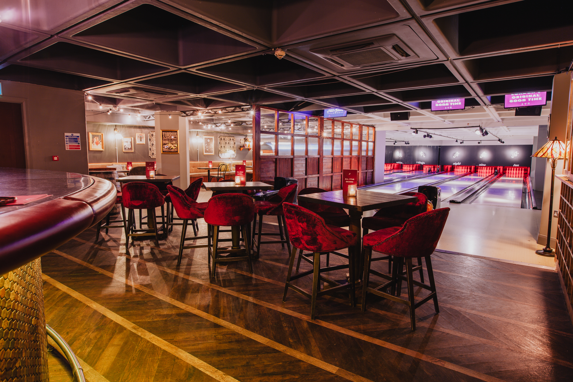Stylish bowling alley at All Star Lanes, ideal for corporate events and team-building.