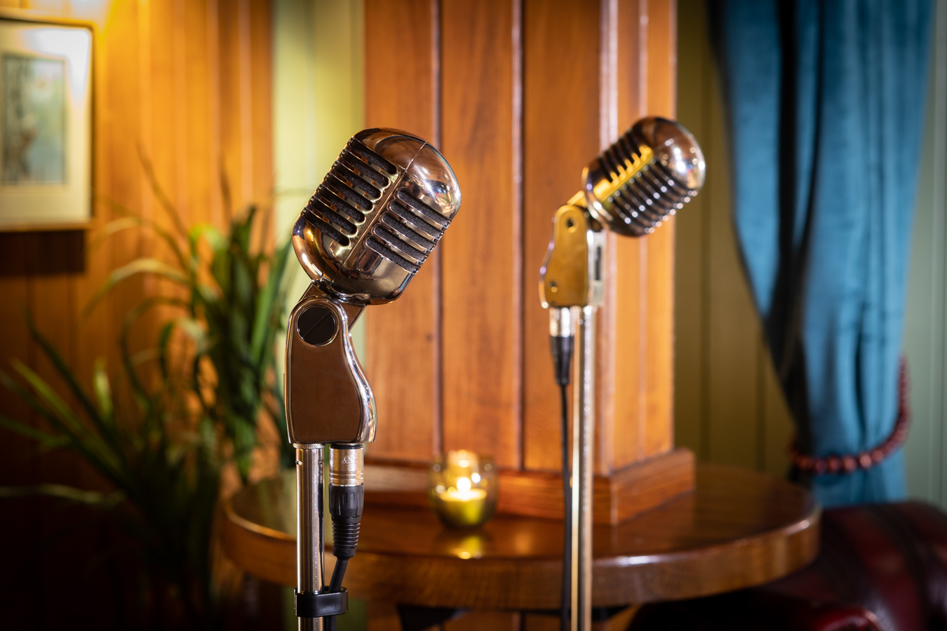 Vintage microphones in warm Lodge setting, ideal for live performances and events.