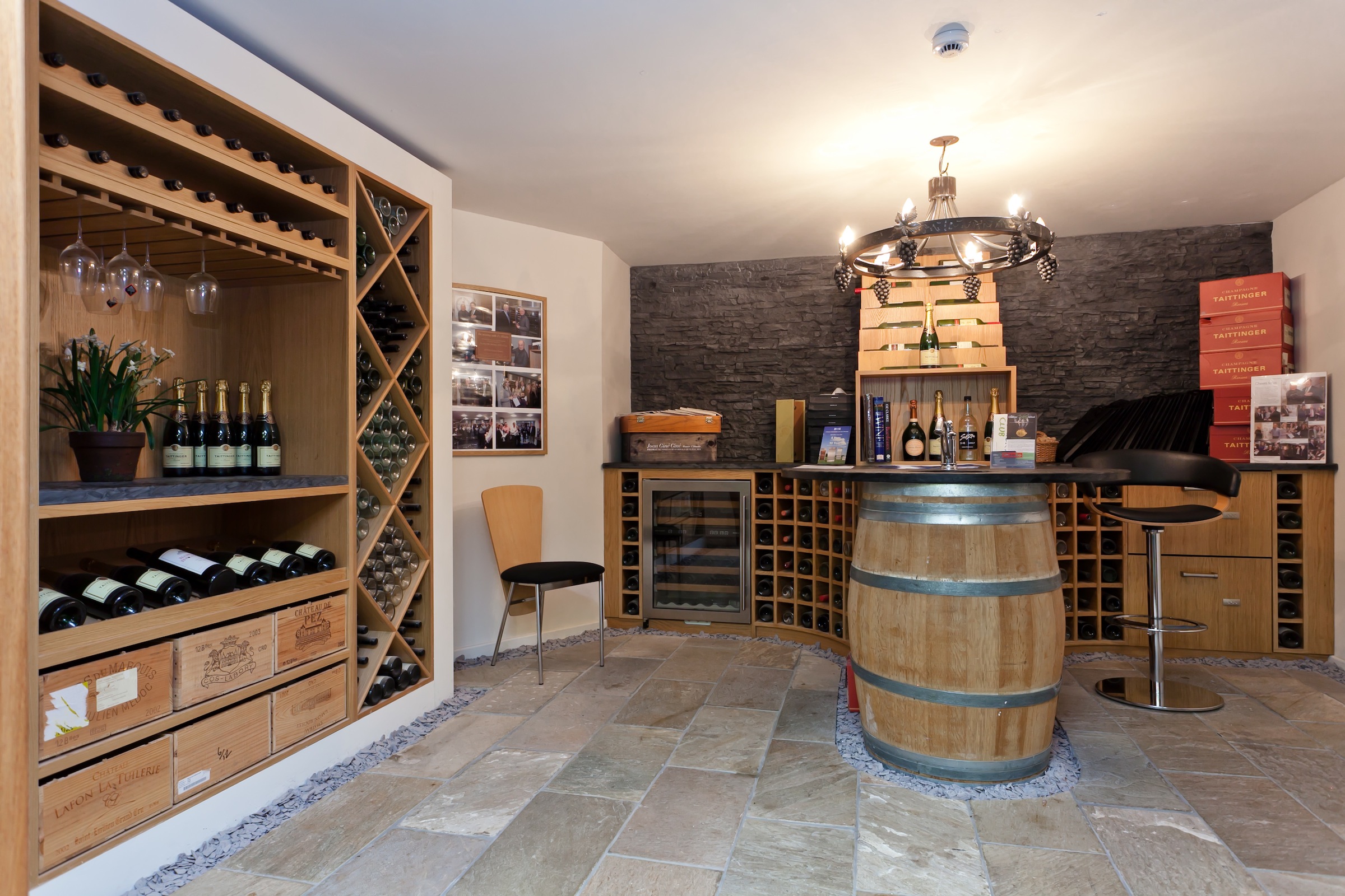 Sophisticated wine cellar with warm wood accents for tastings and private events.