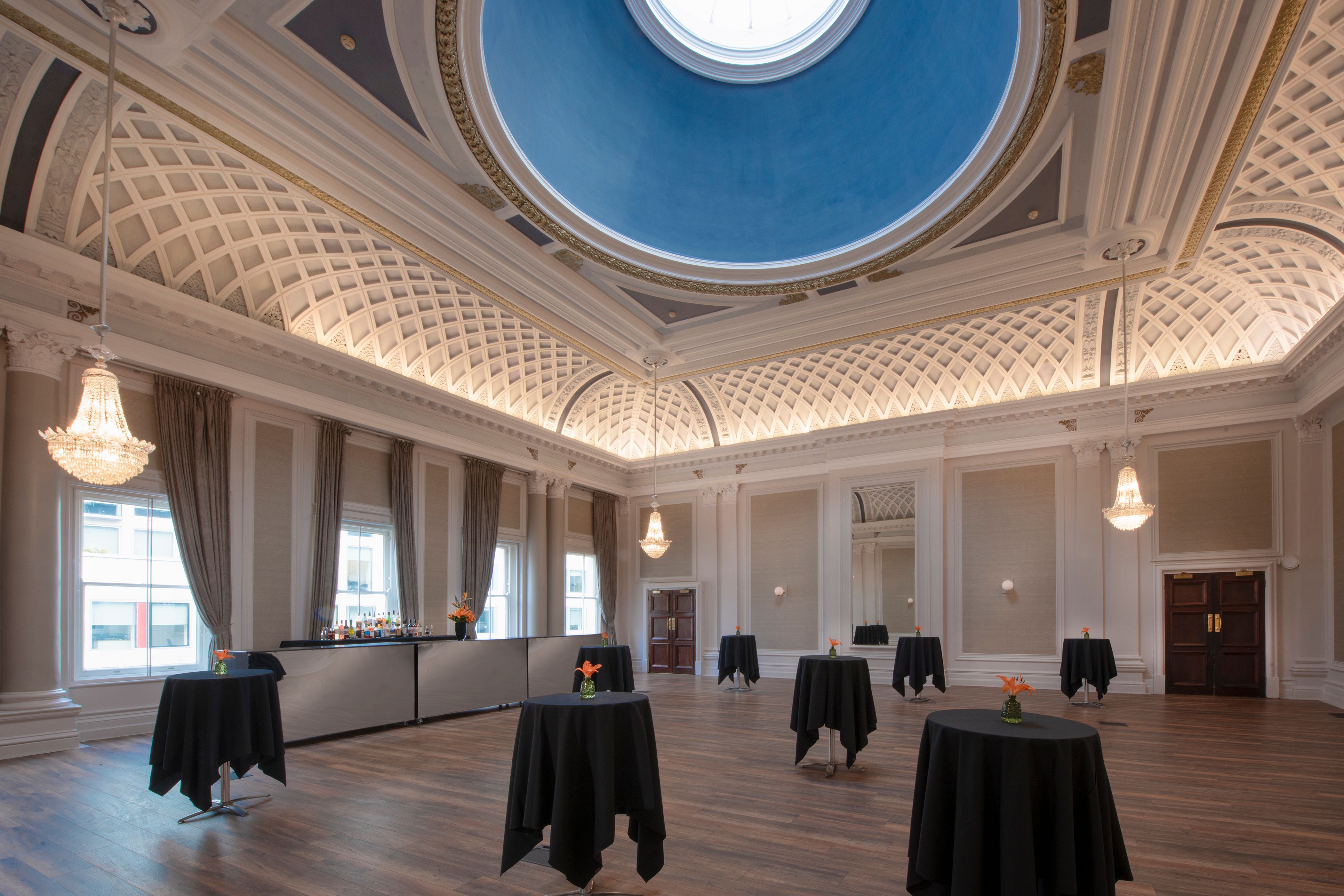 Crown & Cornwall Suite with coffered ceiling, ideal for elegant receptions and networking events.