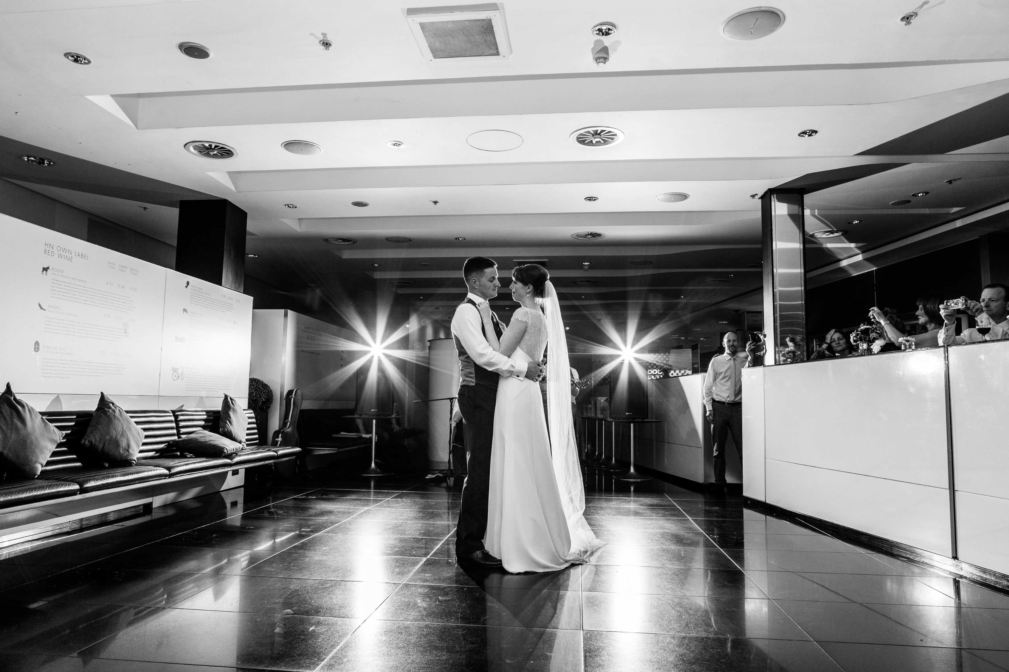 Wedding reception at The Second Floor Bar & Brasserie, featuring couple's first dance.