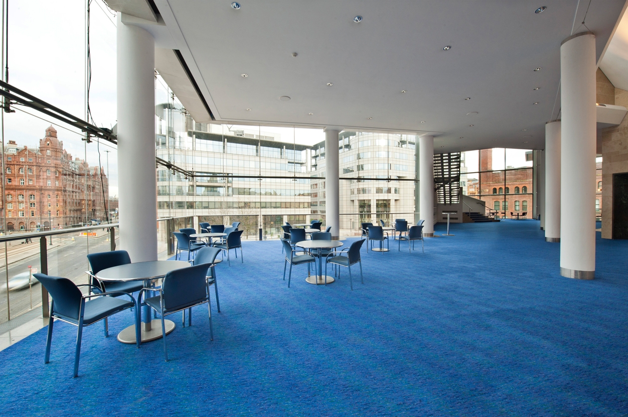 Circle Foyer at The Bridgewater Hall: spacious event space with blue carpet, ideal for networking.