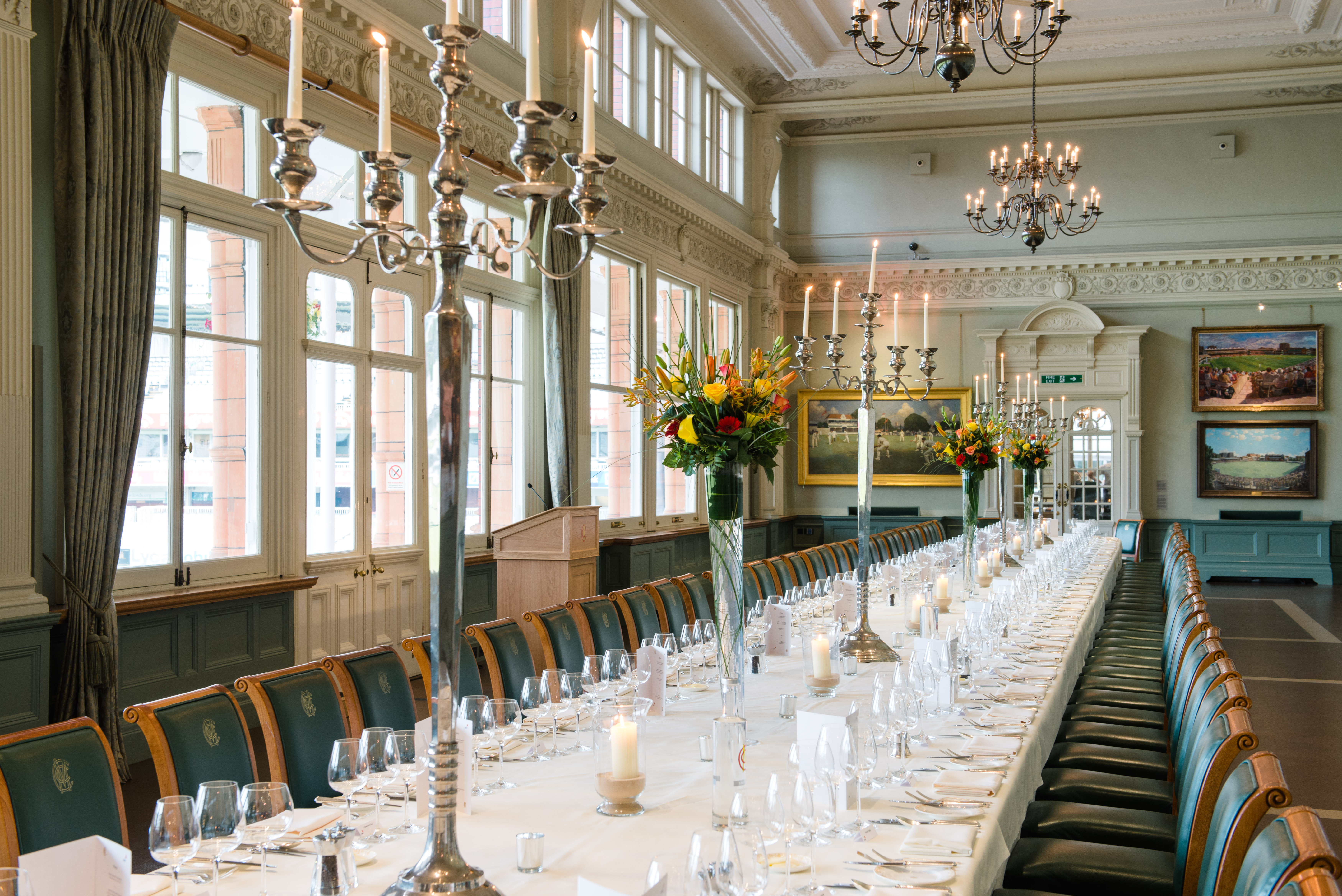 Elegant banquet table in Long Room, Lord's Cricket Ground for formal events and receptions.