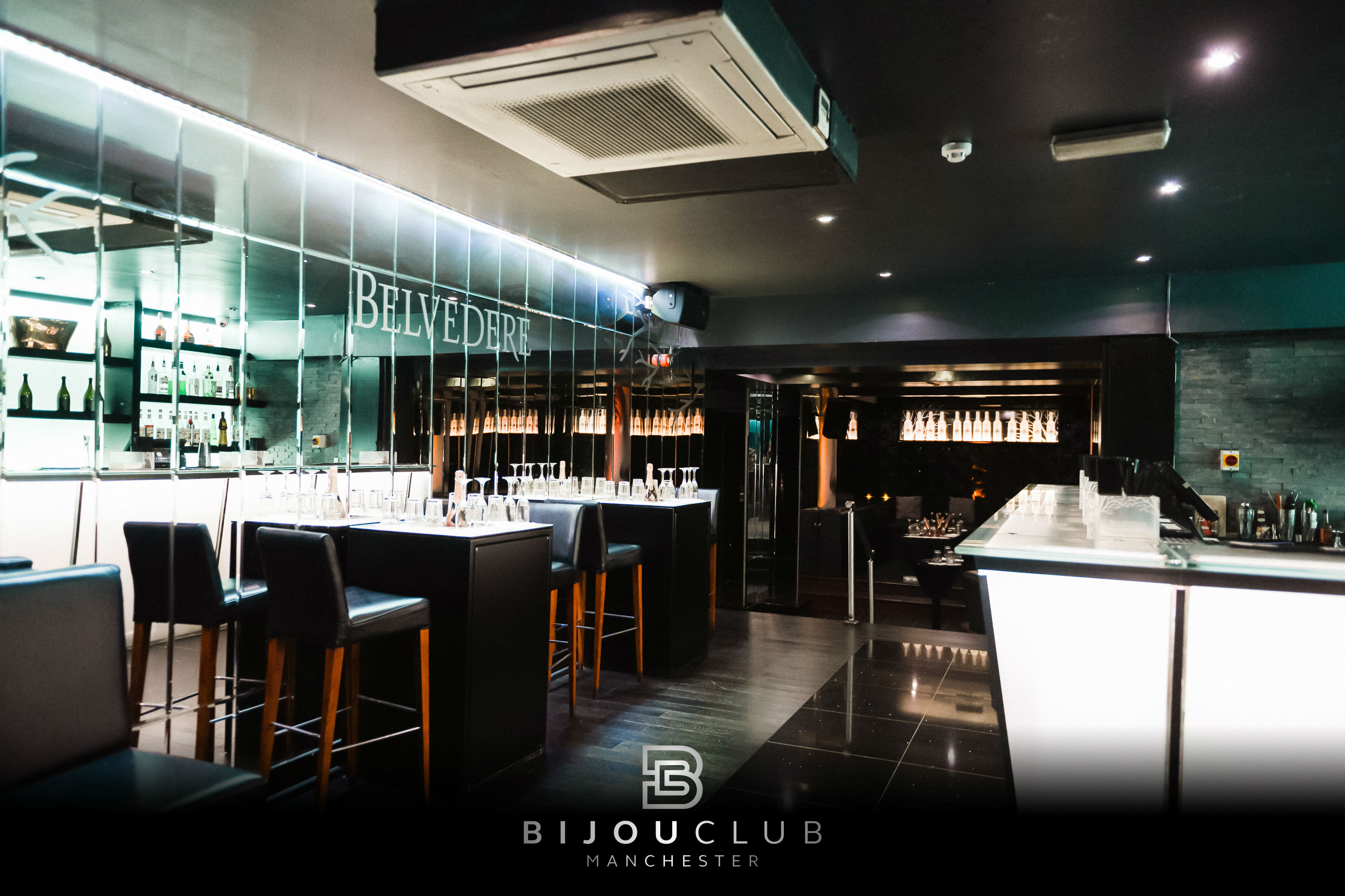 Sleek bar setting at Bijou Club for upscale events and private gatherings in Manchester.