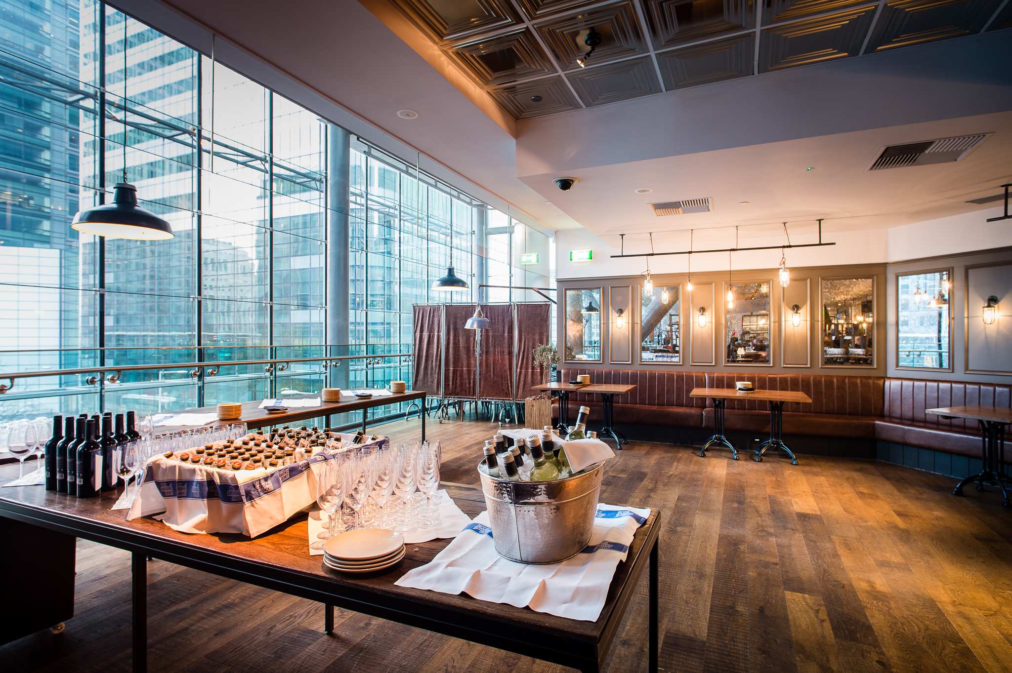 Modern event space with city view for corporate meetings and upscale receptions.