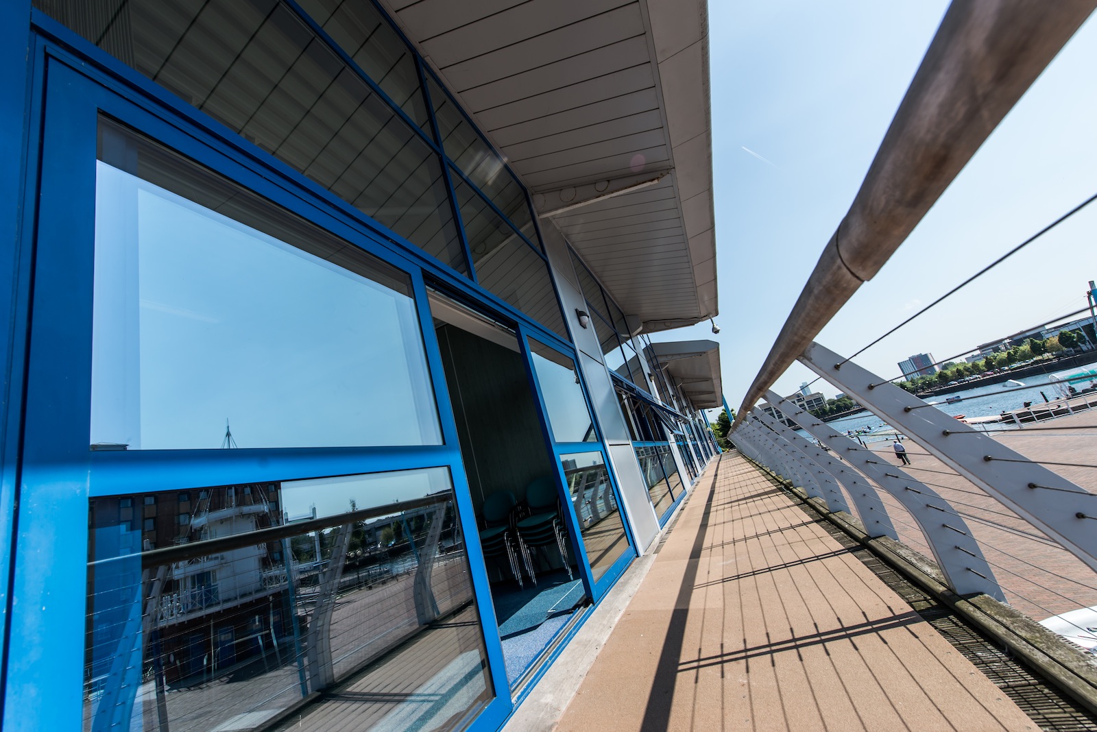 Modern meeting room with large windows at Helly Hansen Watersports Centre for events.