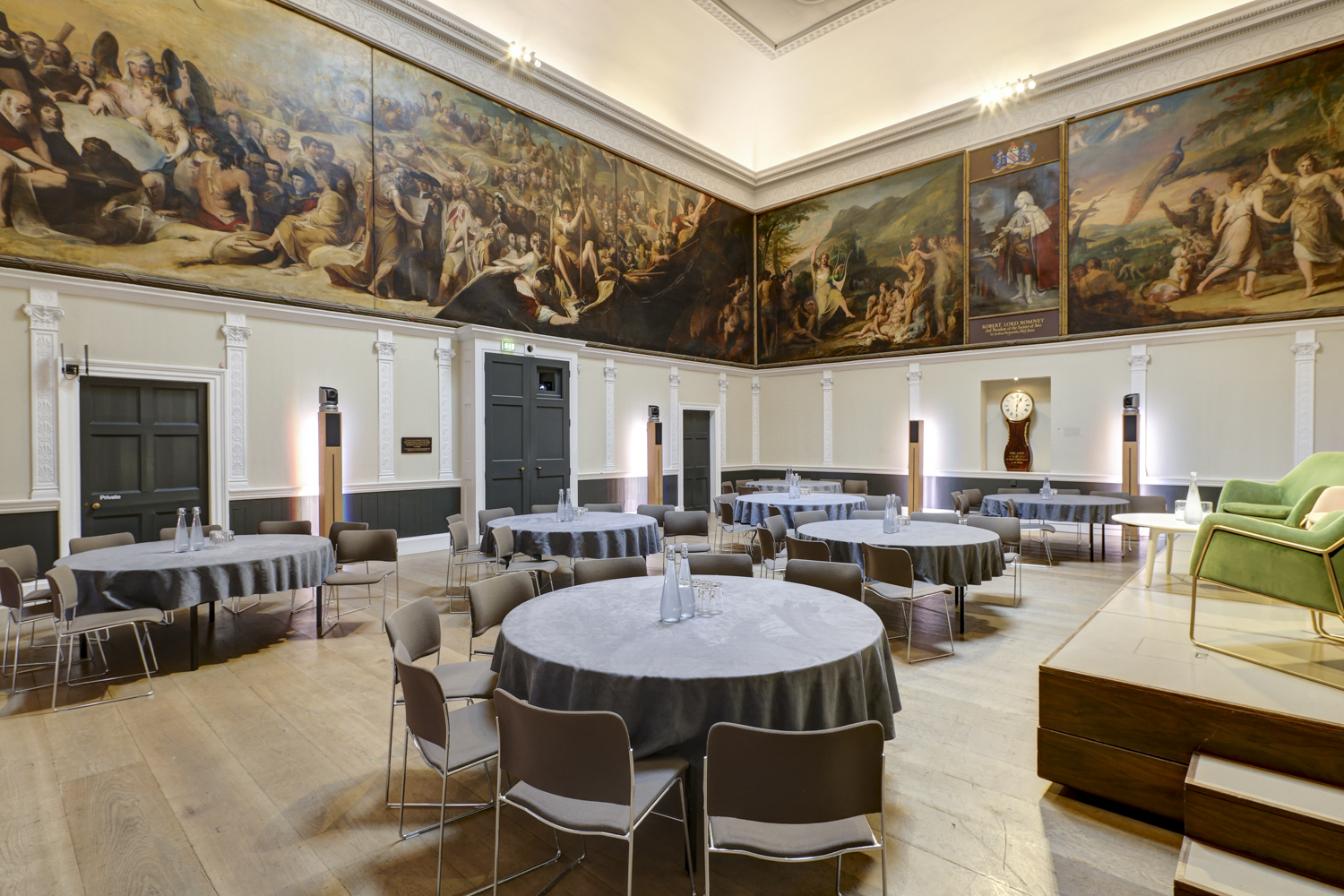 Elegant Great Room at RSA House with round tables, ideal for meetings and receptions.