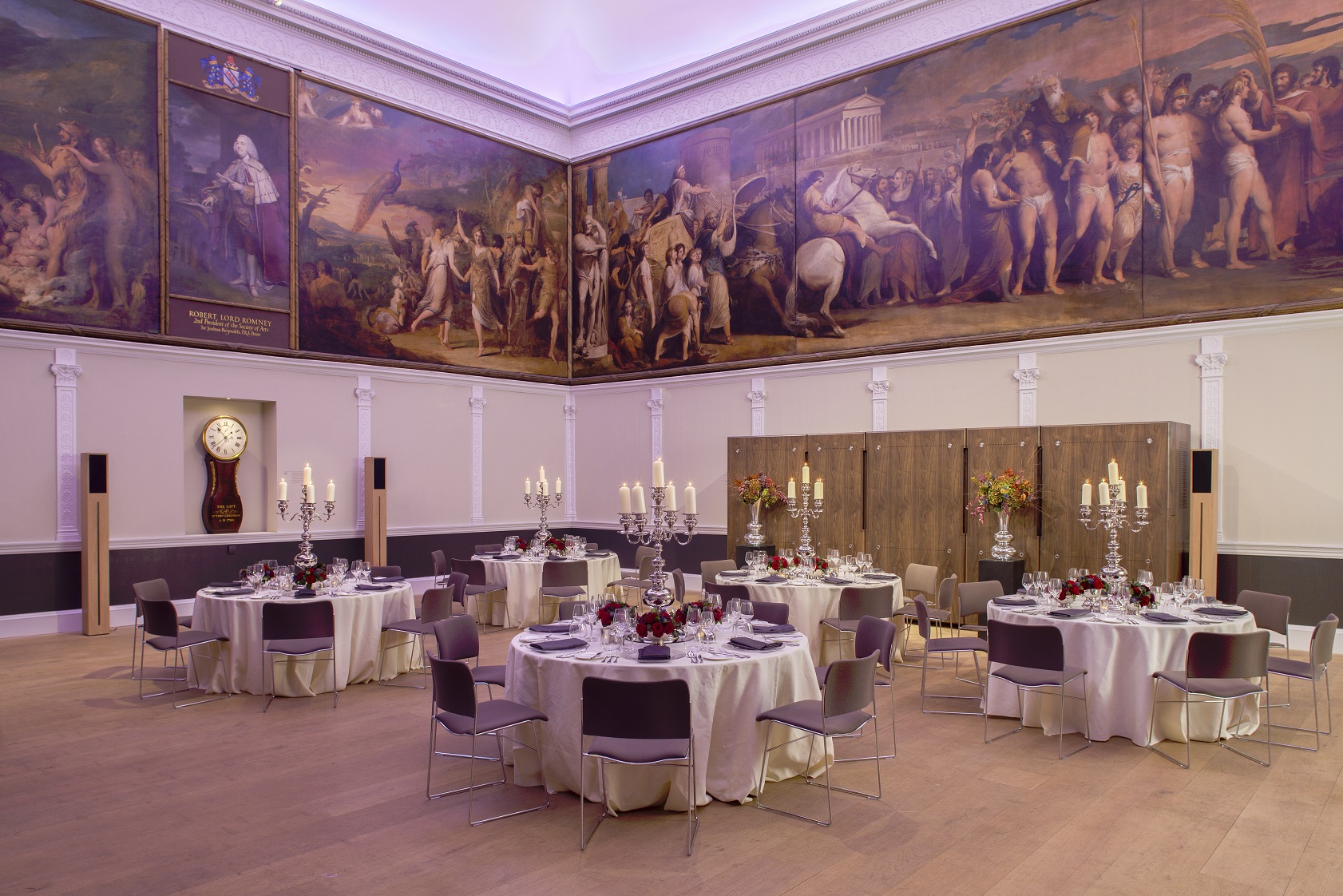 Elegant Great Room at RSA House with round tables for formal dinners, ideal for weddings.