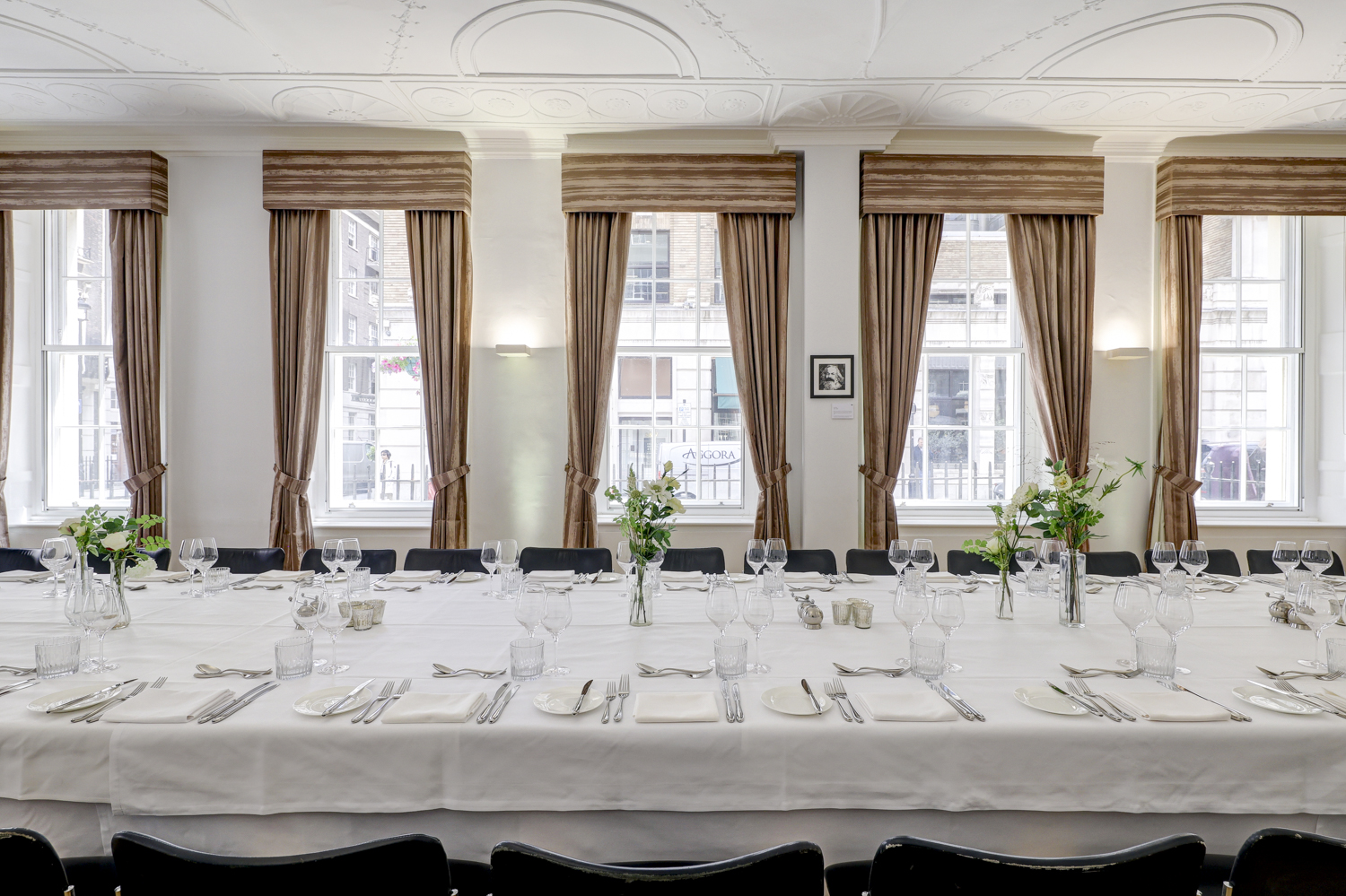 Elegant banquet table in RSA House's Tavern Room, perfect for corporate events.