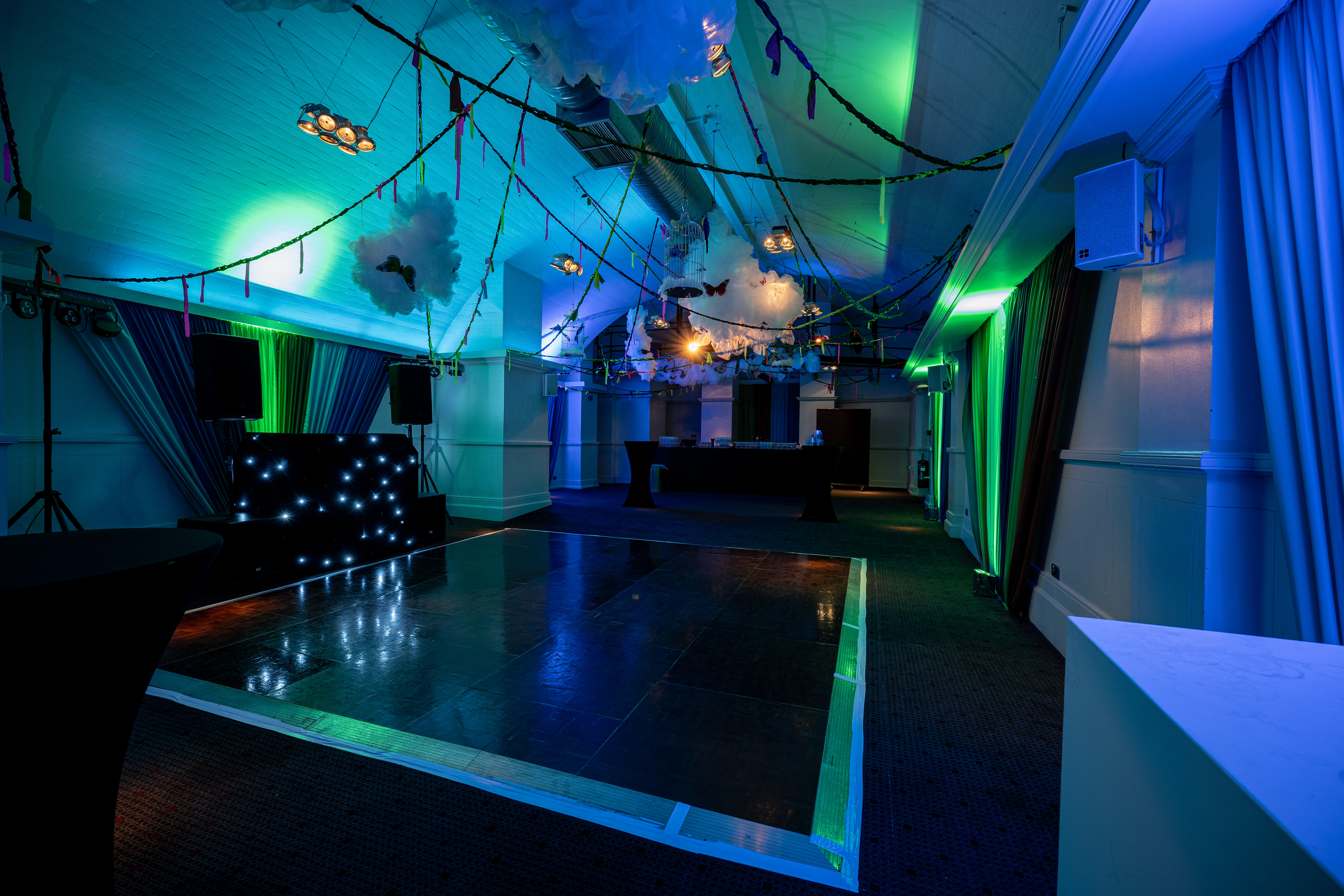 Smeaton Vaults event space with ambient lighting, ideal for gatherings and celebrations.