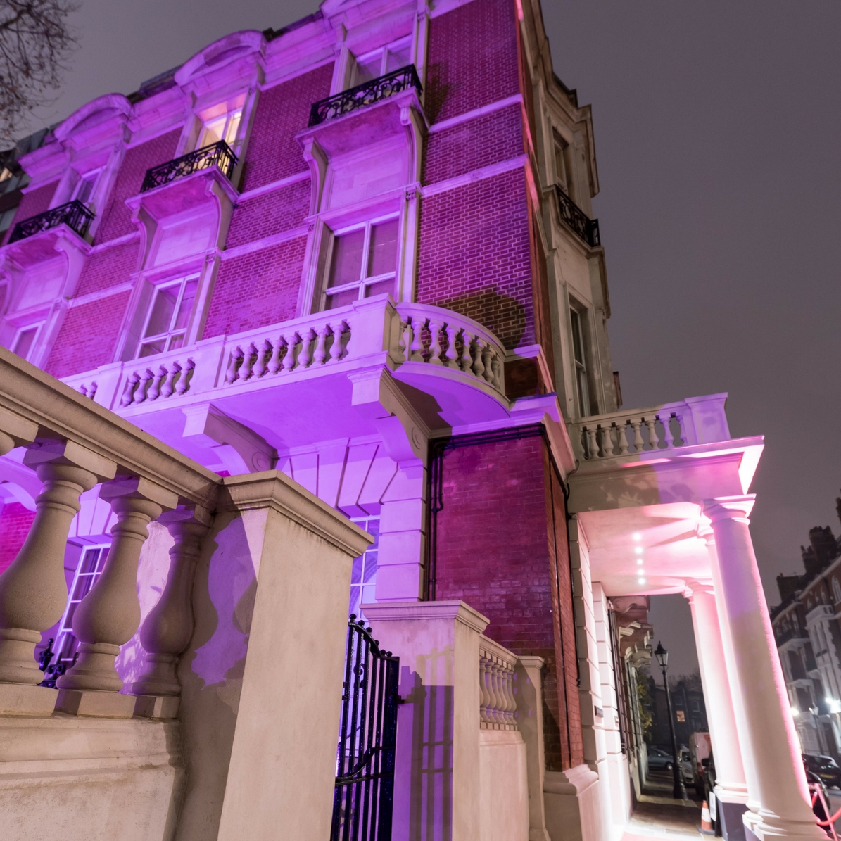 Elegant Marble Hall in Kent House, Knightsbridge, with purple lighting for upscale events.