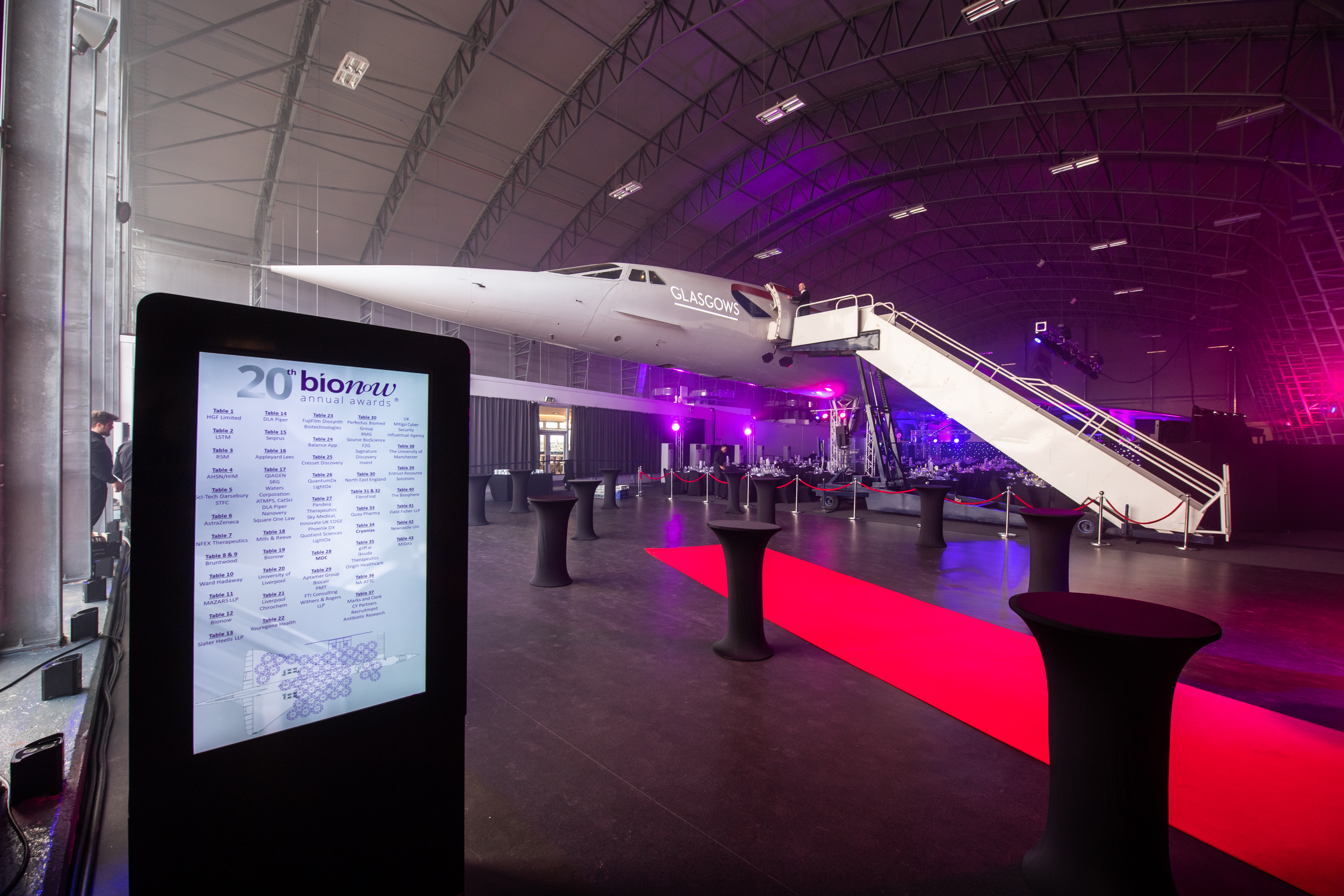 Concorde Hangar event space with aircraft centerpiece, ideal for meetings and celebrations.