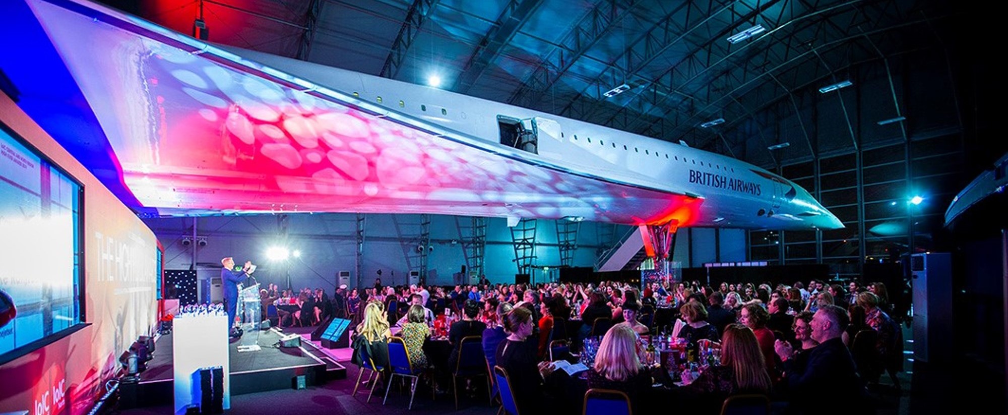 Concorde Hangar event space with iconic aircraft backdrop for British Awards.