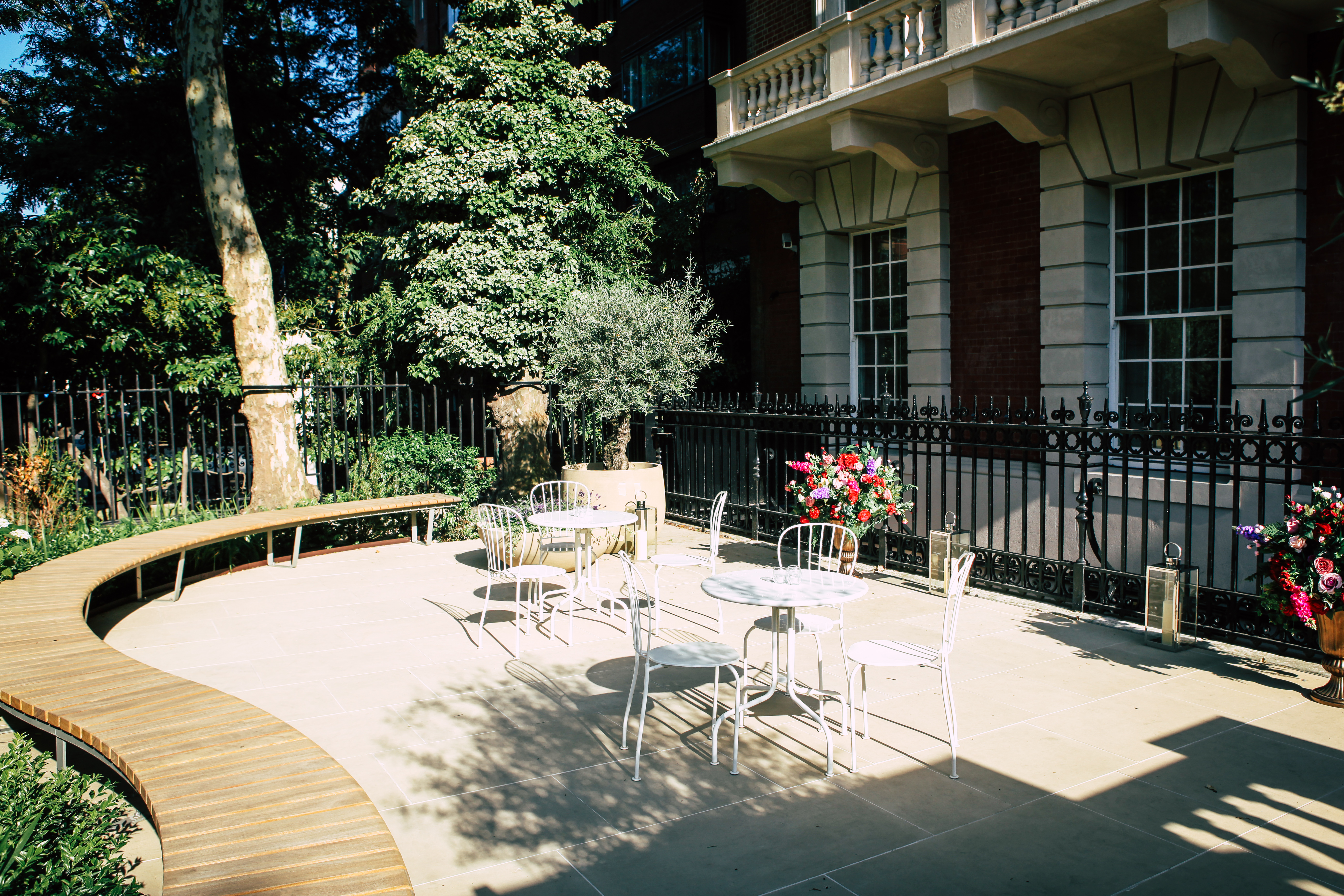 Charming outdoor event space in Kent House, ideal for networking and intimate gatherings.