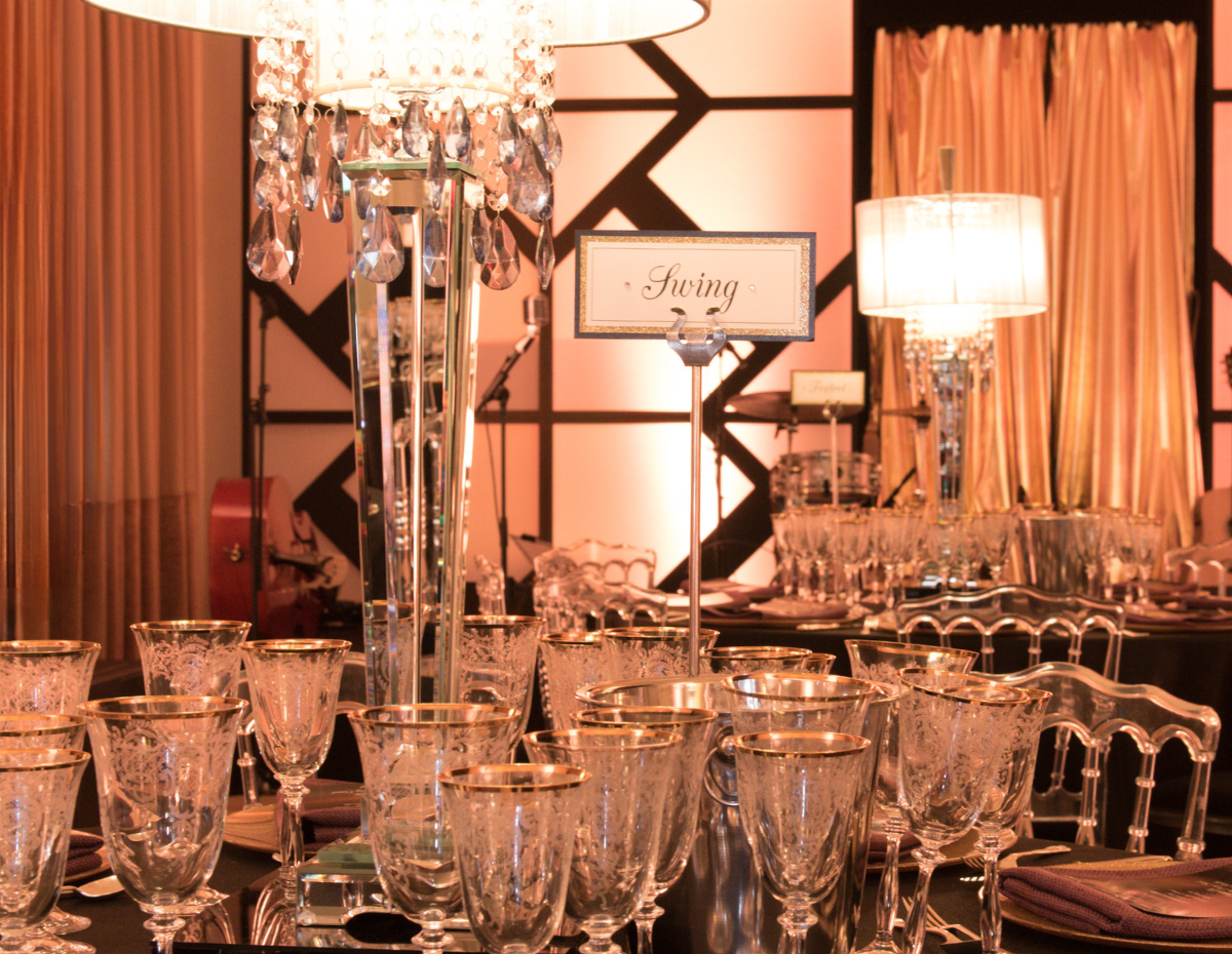Elegant table setting with crystal glassware for a high-end event in Kent House Knightsbridge.