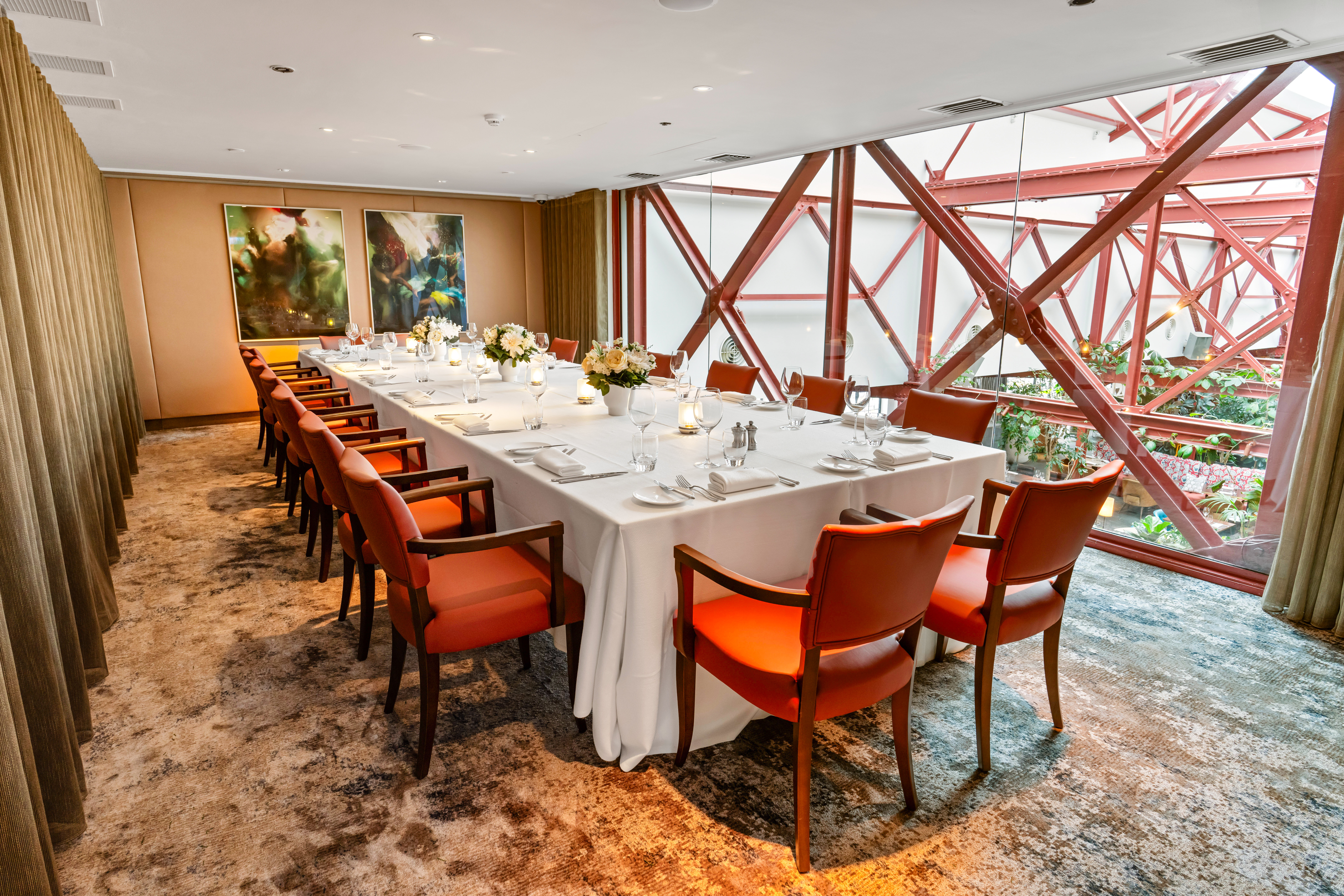 Mezzanine Room at Bluebird Chelsea, elegant table setup for corporate events and meetings.