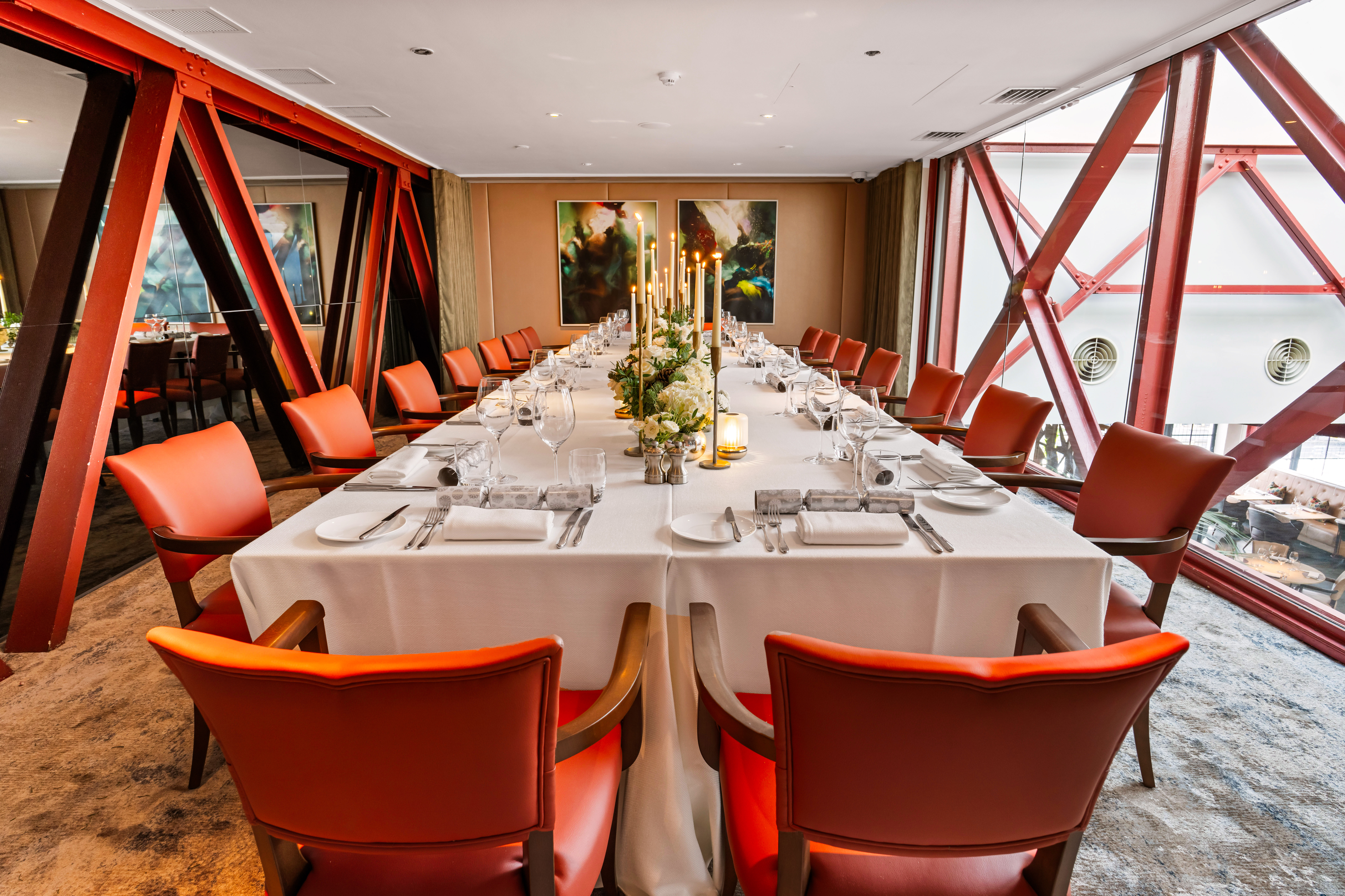 Elegant dining table in Mezzanine Room, Bluebird Chelsea for corporate dinners and events.