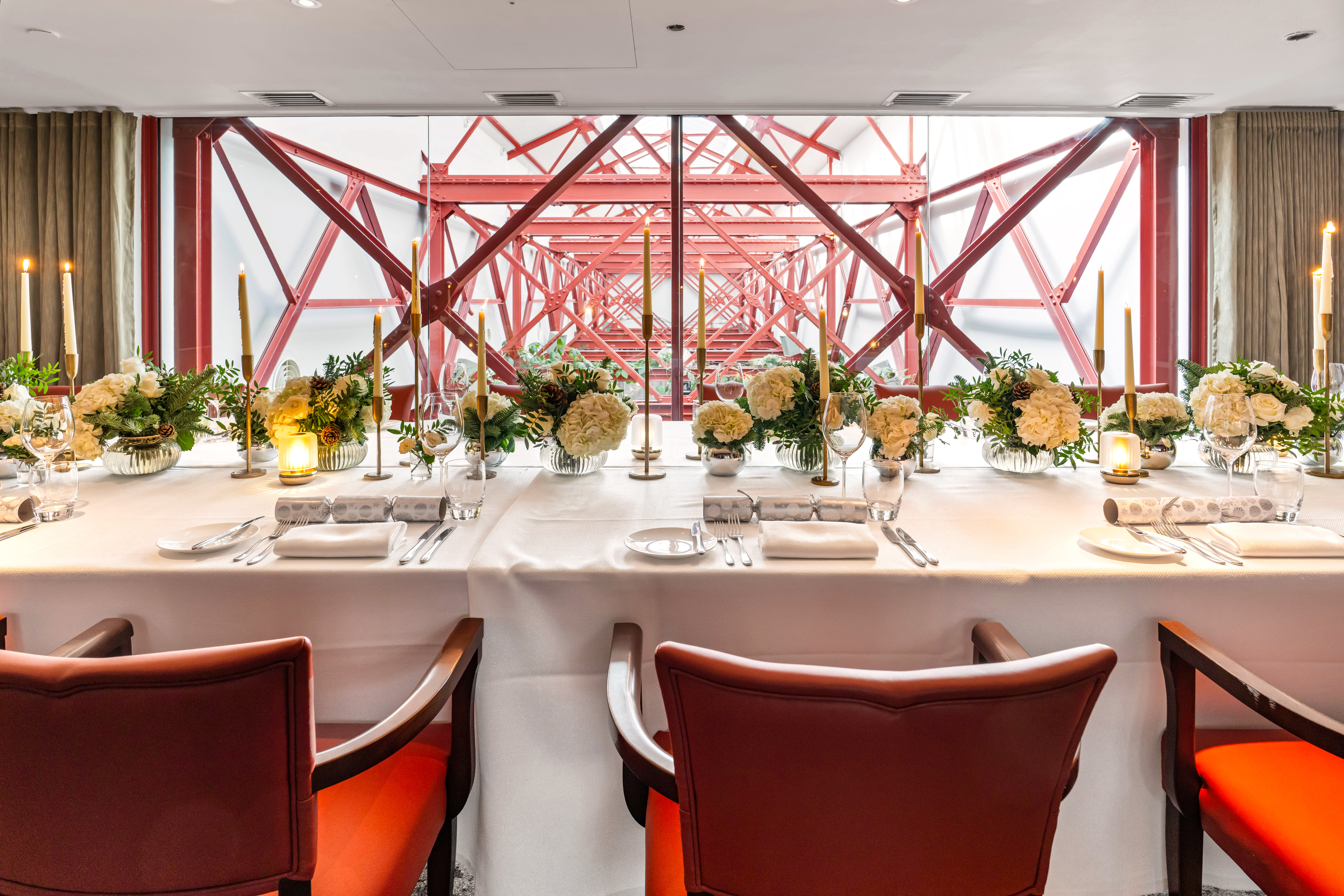 Elegant dining table in Mezzanine Room, Bluebird Chelsea for corporate dinners and events.