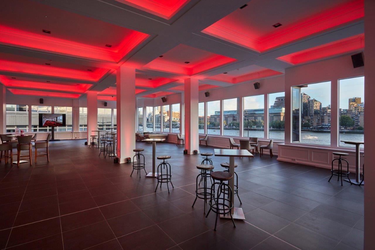 Modern Upper River Room in The Mermaid London, ideal for cocktail receptions and networking.