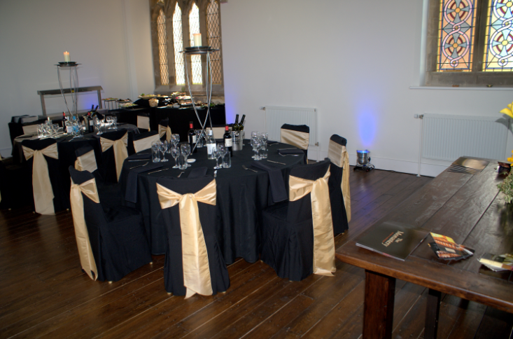 Private Chapel in The Monastery Manchester with elegant black and gold event setup.