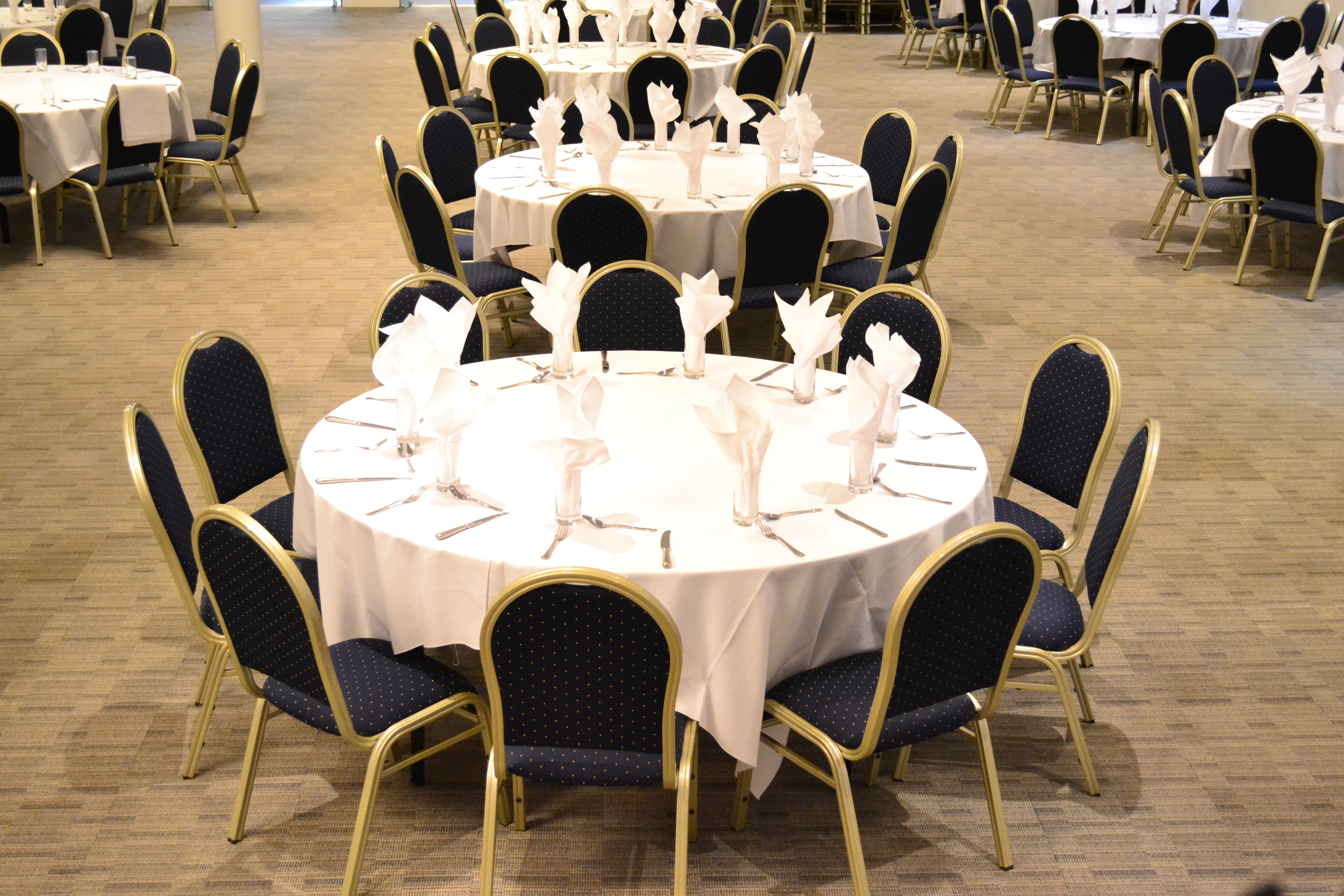 Elegant banquet setup in Main Hall, The Atrium London for weddings and corporate events.
