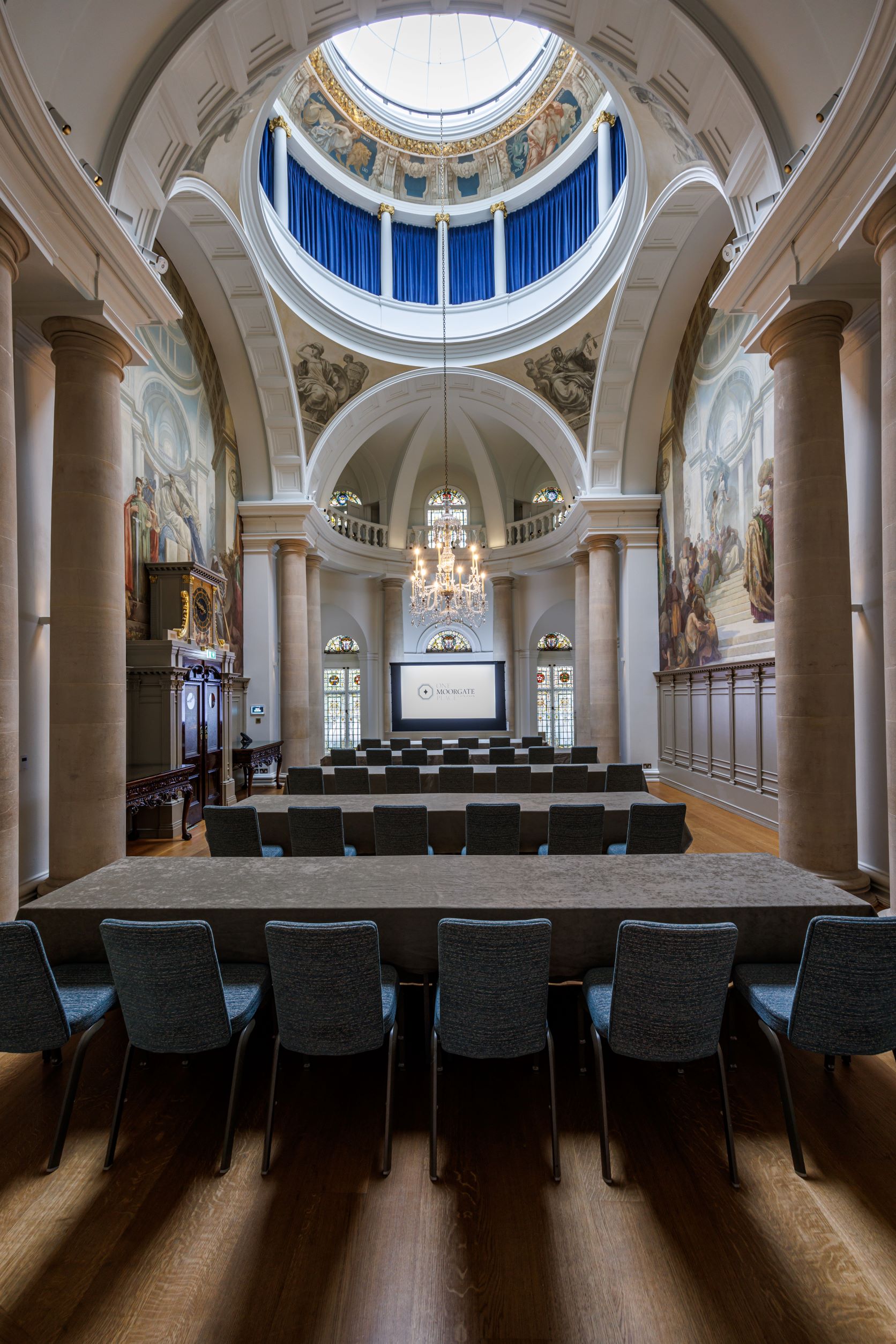 Main Reception Room at One Moorgate Place, elegant chandeliers, ideal for corporate events.