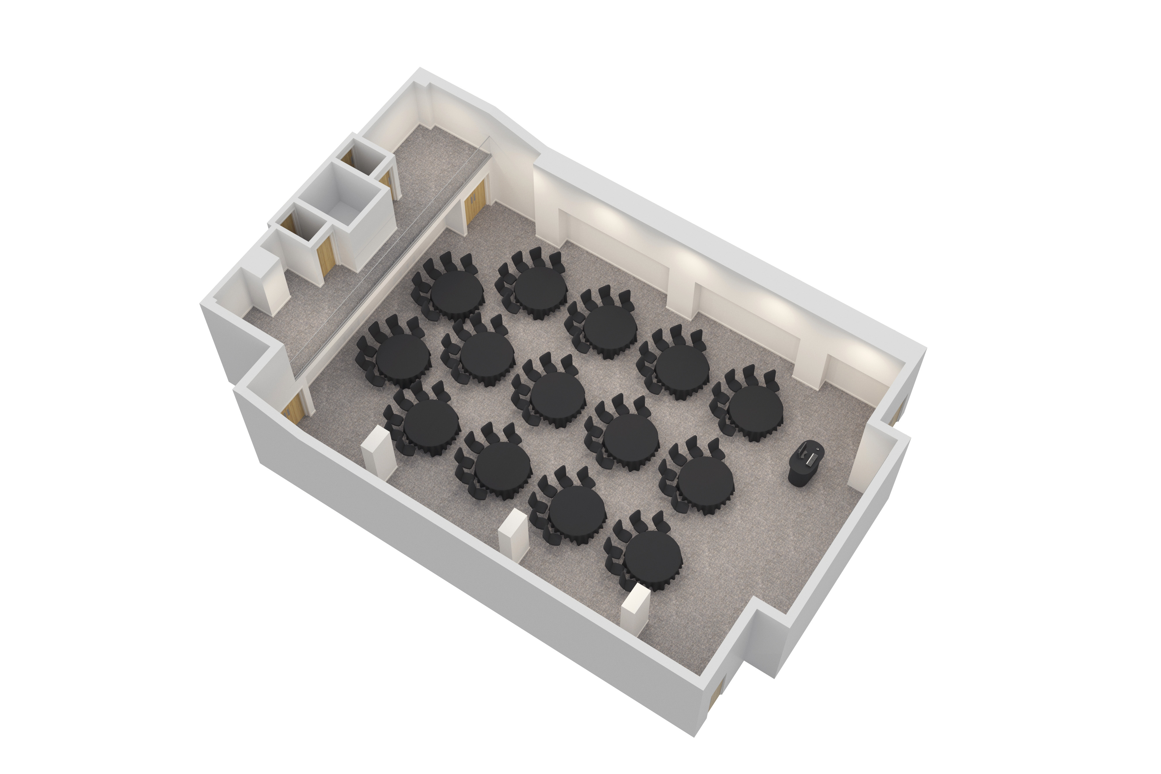 Pendulum Suite meeting space with roundtables, ideal for workshops and networking events.