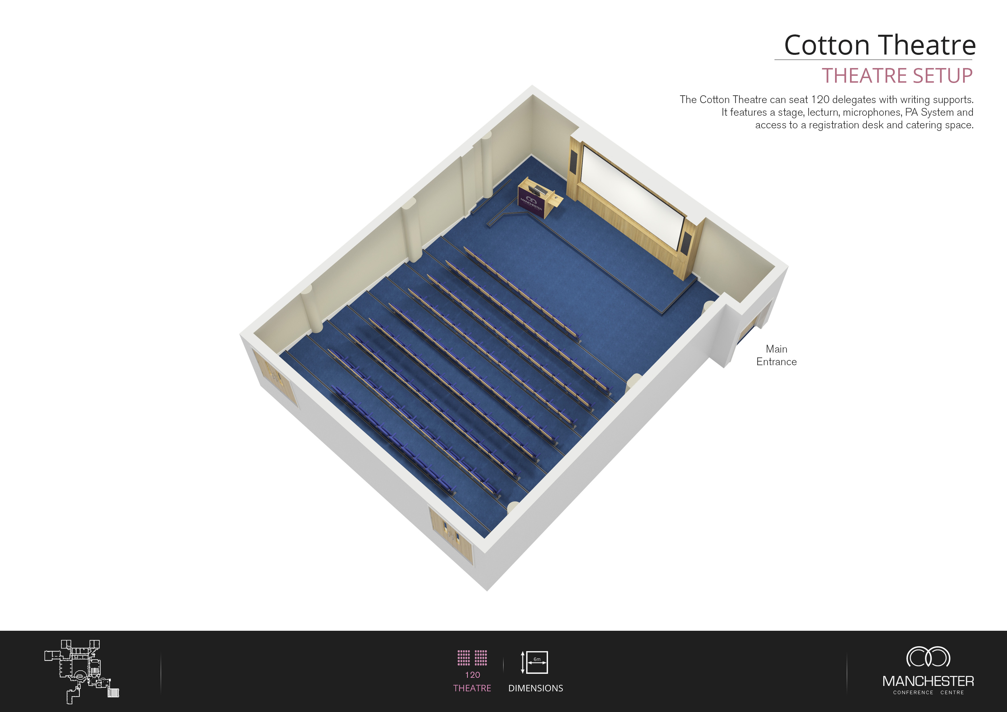 Cotton Theatre meeting space with rows of seating, ideal for presentations and events.