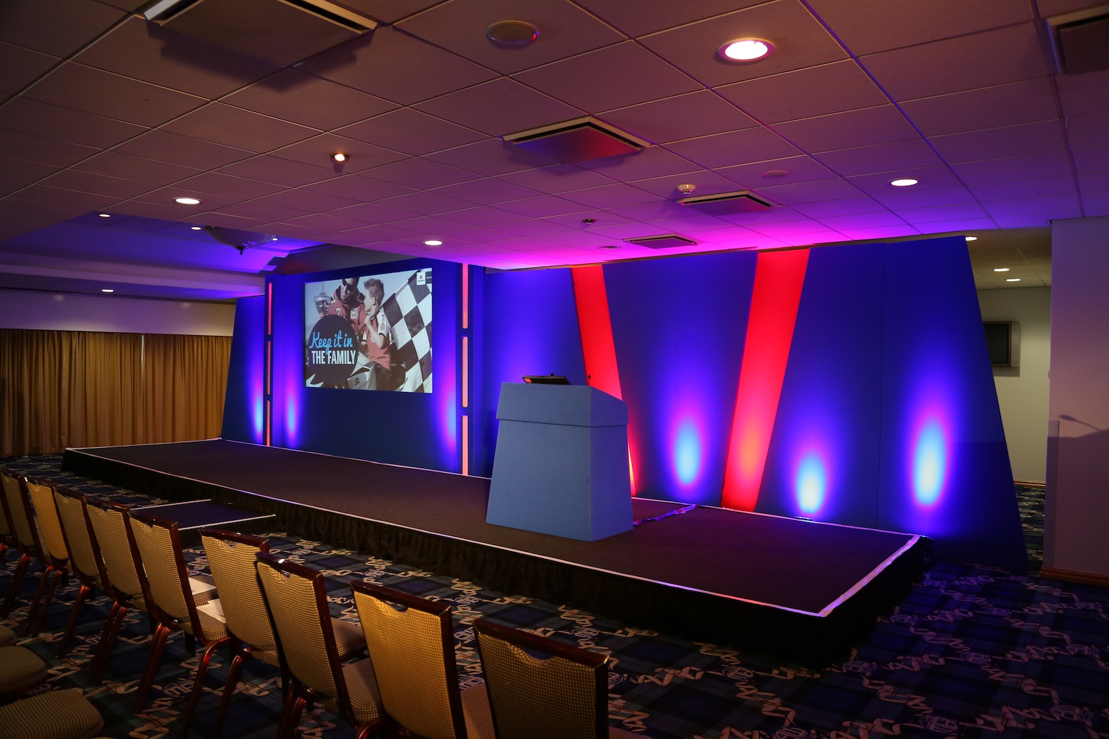 Platinum Suite at Bolton Whites Hotel, ideal for corporate events with vibrant lighting.