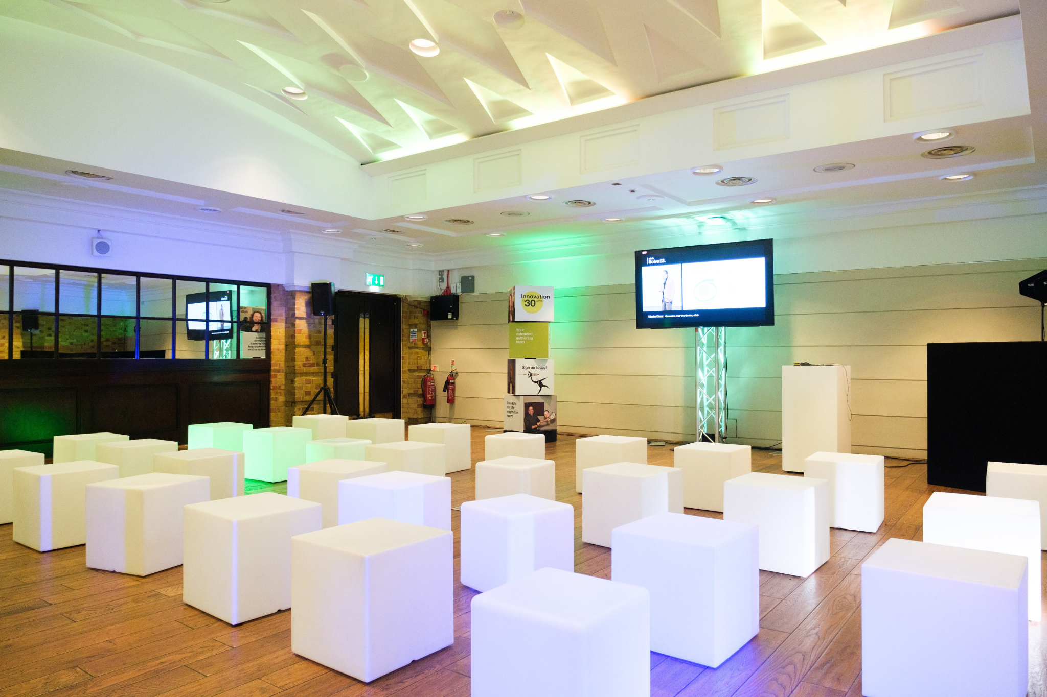 Versatile event space at The Queen Charlotte with modern seating for workshops and networking.