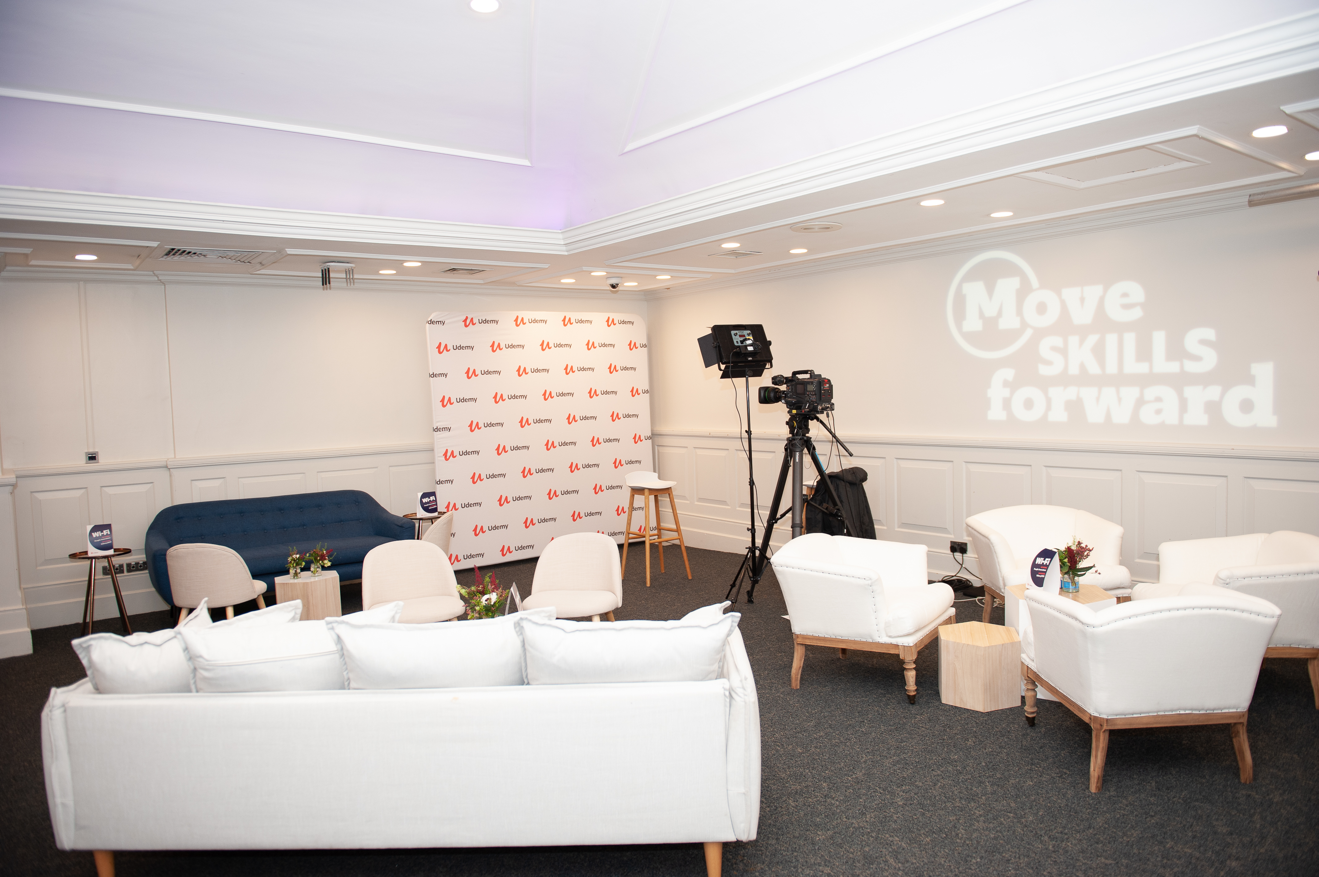 Intimate event space at The James Watt, ideal for hybrid gatherings and interviews.