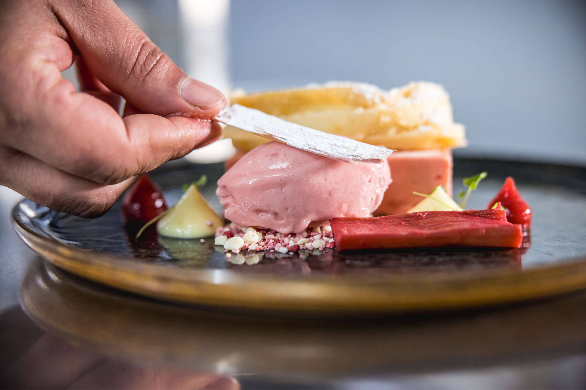 Artfully plated dessert at The James Watt, enhancing event dining experience.