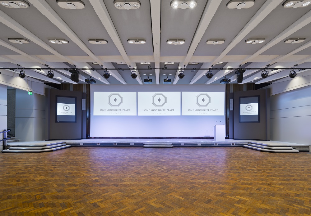 Great Hall at One Moorgate Place, spacious stage for conferences and presentations.
