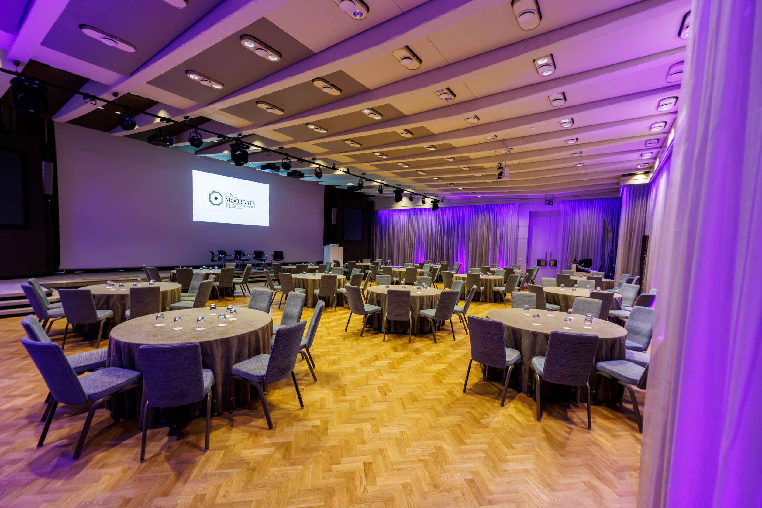 Great Hall at One Moorgate Place, elegant banquet setup for corporate events.