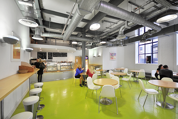 Modern café space in Morris Room, Barley Mow Centre, ideal for networking events.