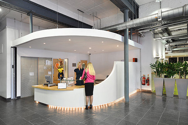 Modern reception area in Morris Room, Barley Mow Centre for events and meetings.