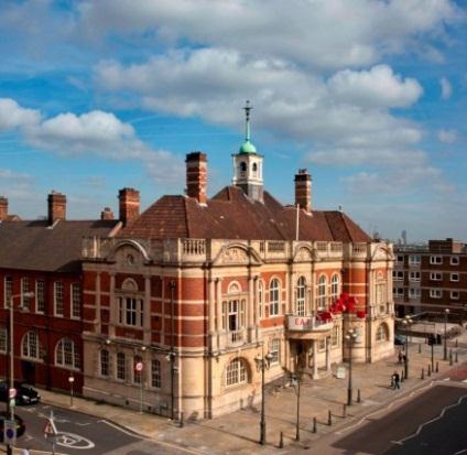 Historic Battersea Arts Centre Lower Hall with cupola, perfect for events and gatherings.