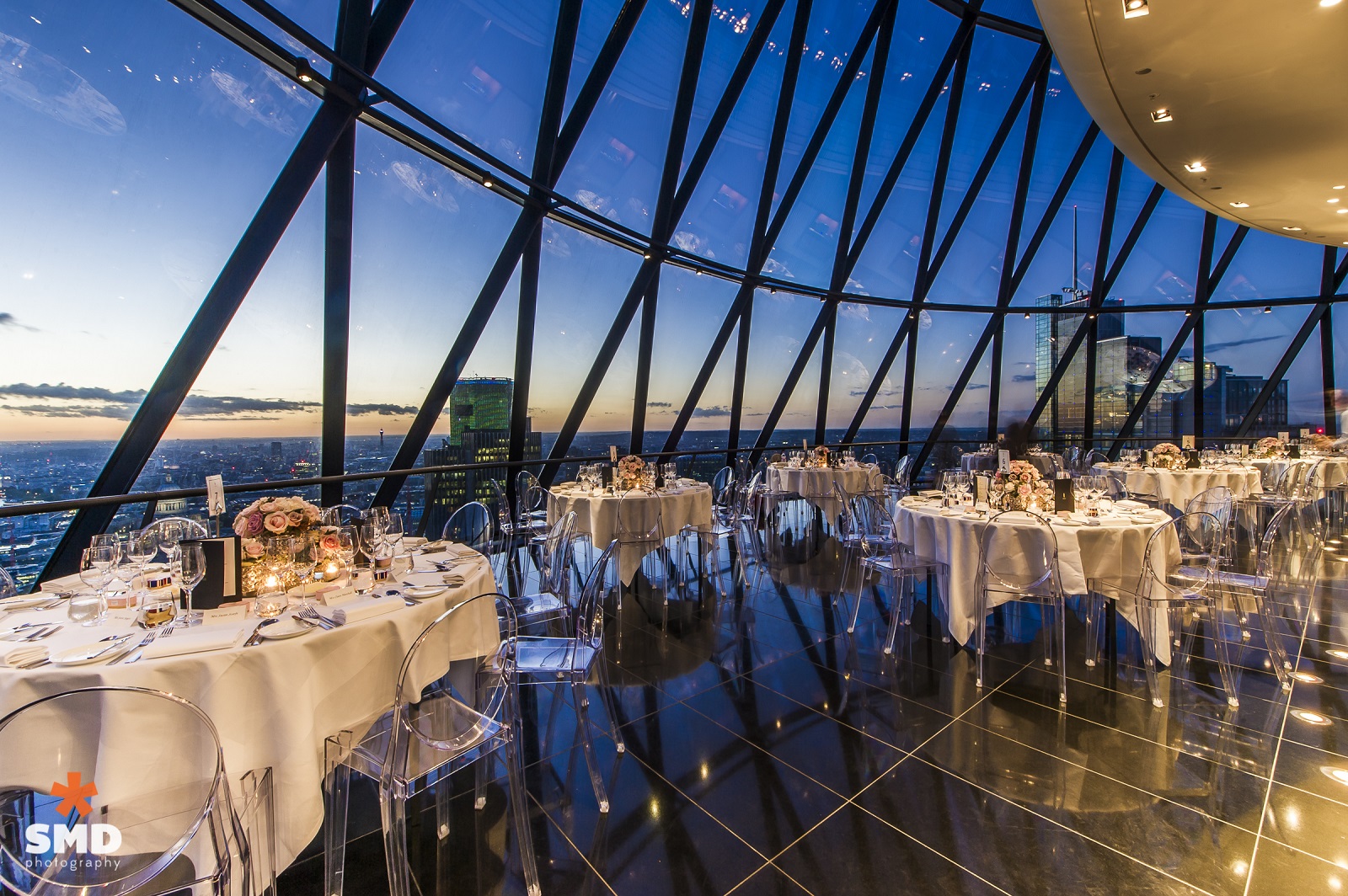 Elegant event space at Searcys Gherkin with skyline views, perfect for corporate dinners.