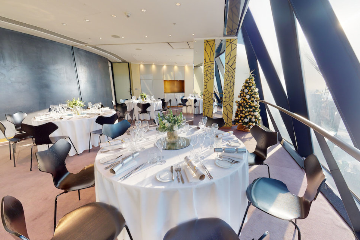 Elegant dining setup at Level 38, Searcys Gherkin for corporate events and celebrations.