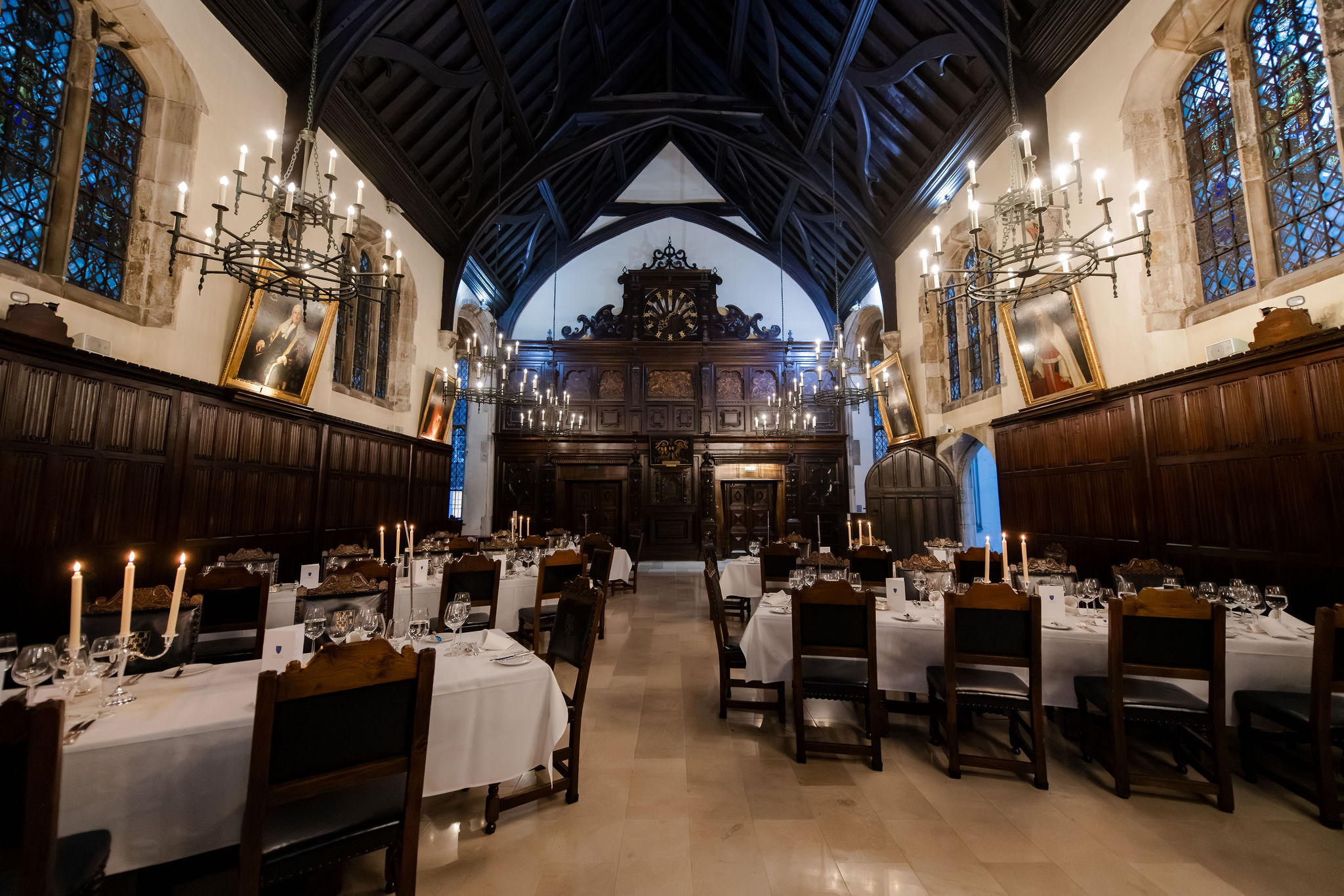 Elegant dining setup in historic Old Hall, Lincoln's Inn for formal events.