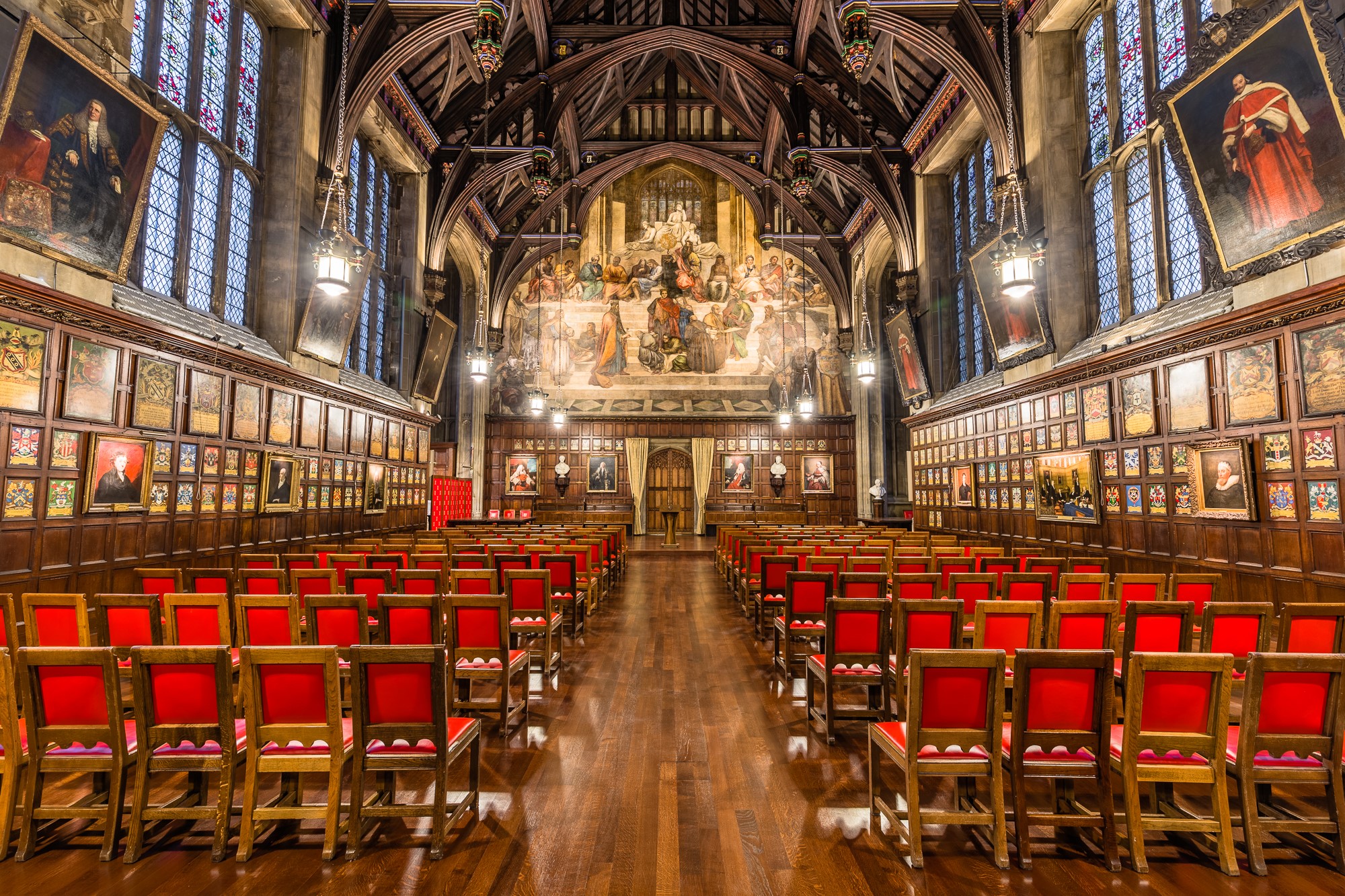 Great Hall at Lincoln's Inn, elegant wood finishes, ideal for conferences and banquets.