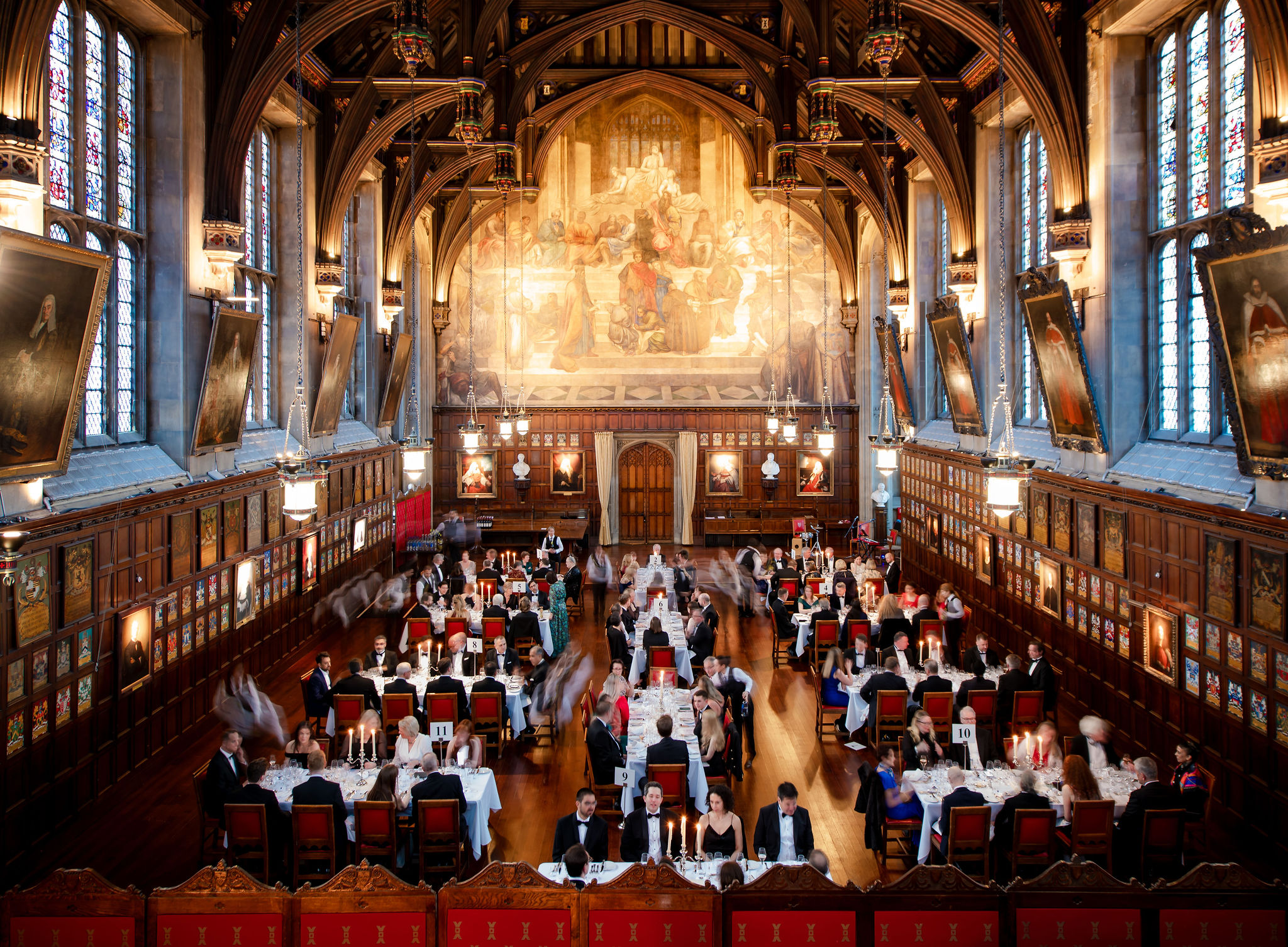 Great Hall at Lincoln's Inn, elegant banquet setup for formal events and corporate dinners.