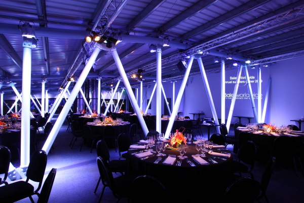 Smokehouse Gallery event space with illuminated columns for formal dinners and galas.