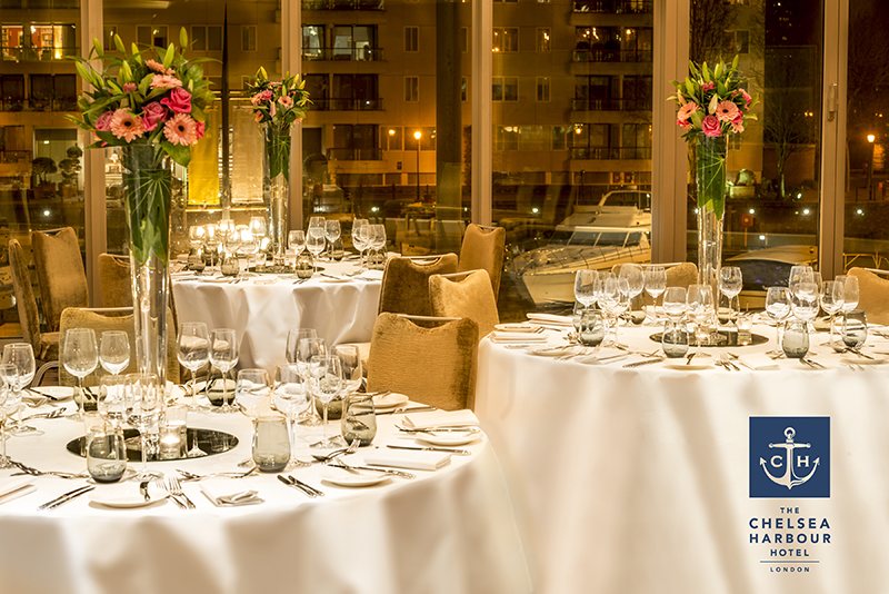Elegant dining area in Drakes Suite, Chelsea Harbour Hotel for upscale events and weddings.
