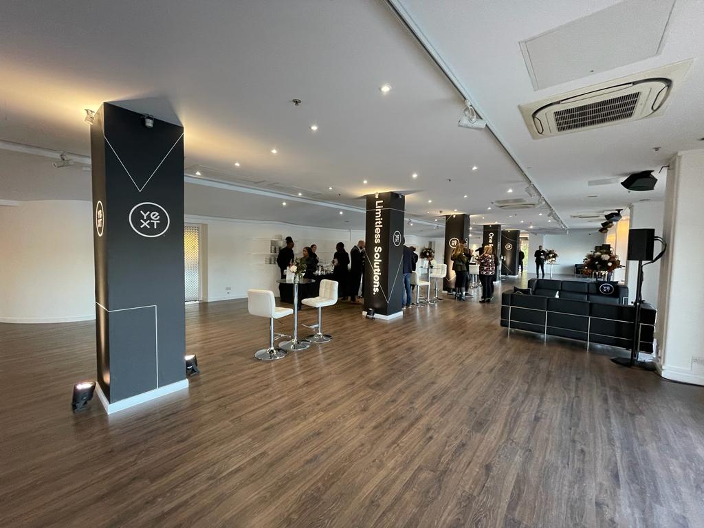Modern event space in OXO2 with polished wooden floor, ideal for networking and launches.